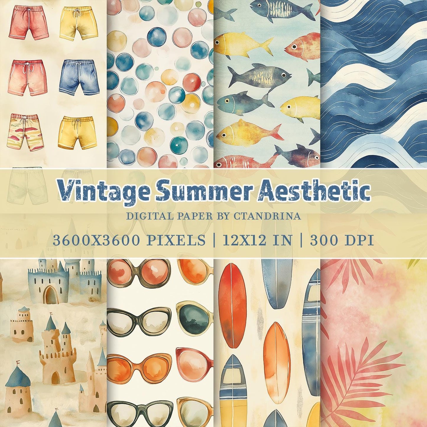 Vintage Summer Aesthetic Digital Paper, Printable Scrapbook Paper, Digital Paper for Personal and Small Commercial Use, Beachy Craft Paper