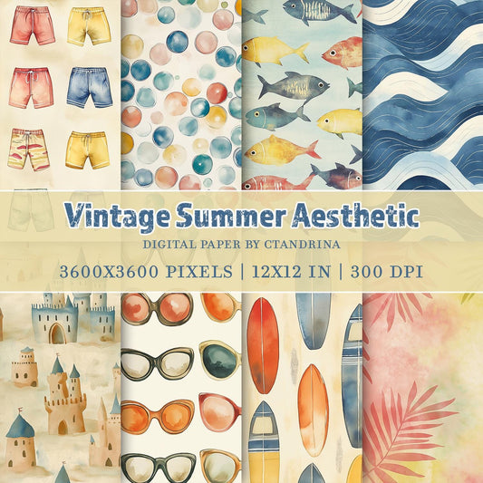Vintage Summer Aesthetic Digital Paper, Printable Scrapbook Paper, Digital Paper for Personal and Small Commercial Use, Beachy Craft Paper