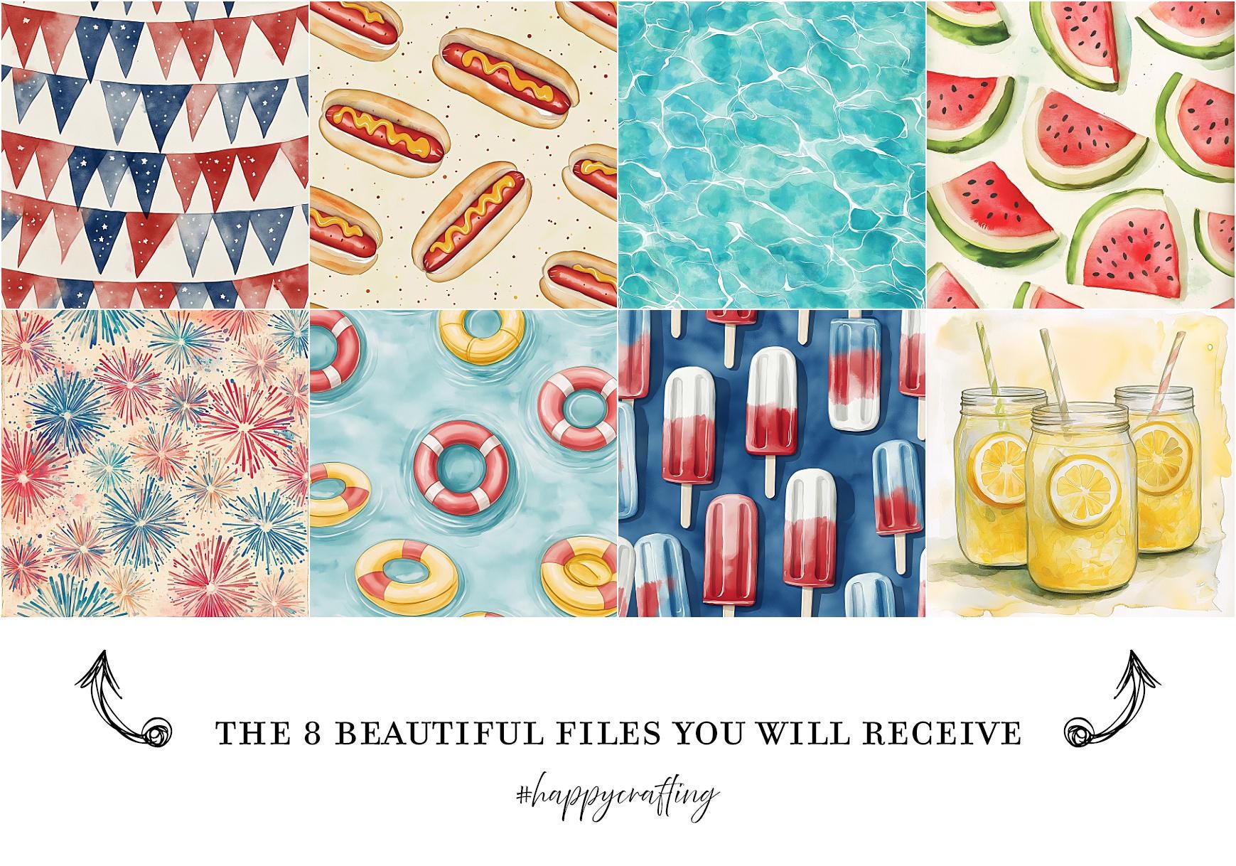 Summer Nostalgia Watercolor Digital Paper, Printable Scrapbook Paper, Digital Paper for Personal & Small Commercial Use, Digital Craft Paper