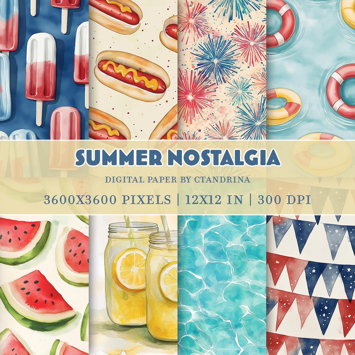 Summer Nostalgia Watercolor Digital Paper, Printable Scrapbook Paper, Digital Paper for Personal & Small Commercial Use, Digital Craft Paper