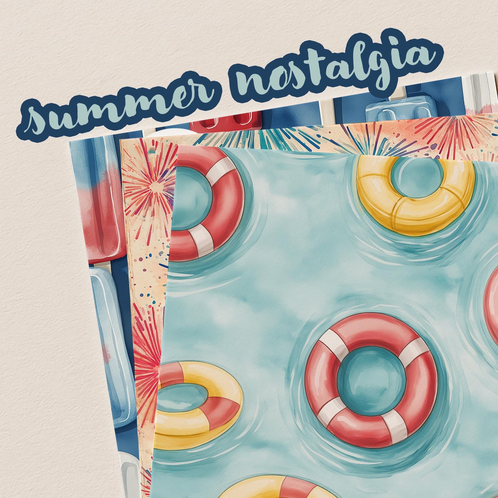Summer Nostalgia Watercolor Digital Paper, Printable Scrapbook Paper, Digital Paper for Personal & Small Commercial Use, Digital Craft Paper