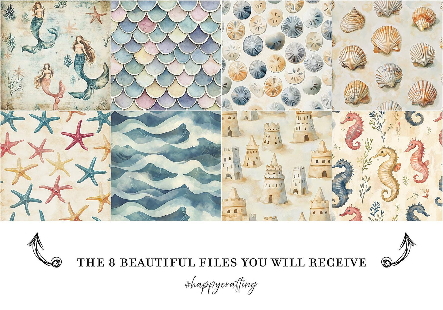Vintage Under The Sea Watercolor Digital Paper, Mermaid Printable Scrapbook Paper, Digital Paper for Personal & Small Commercial Use