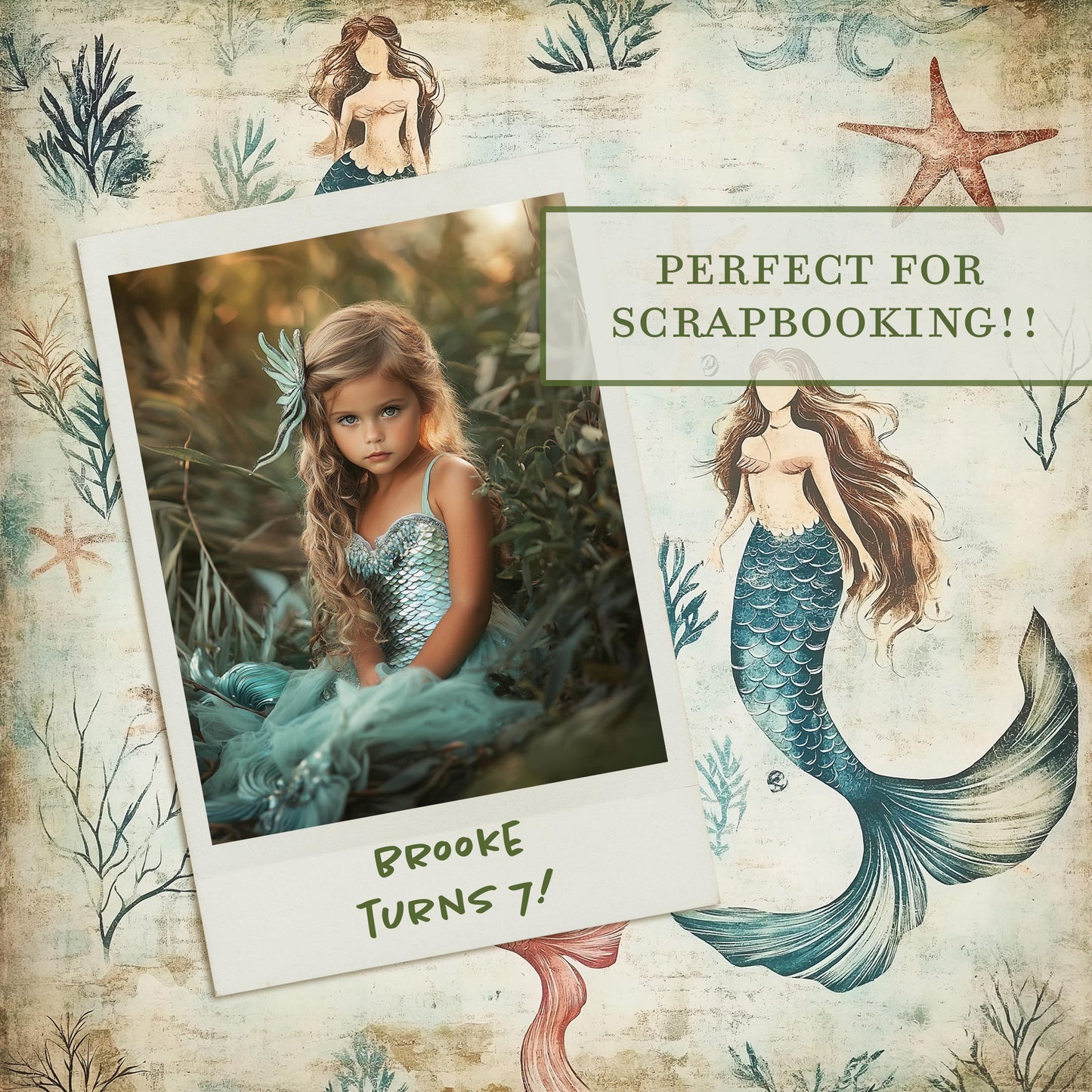 Vintage Under The Sea Watercolor Digital Paper, Mermaid Printable Scrapbook Paper, Digital Paper for Personal & Small Commercial Use