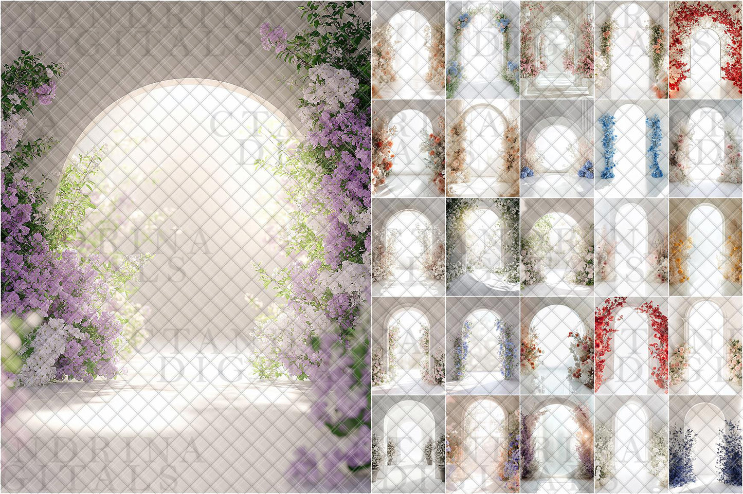 Backlit Floral Arch Digital Backdrops, Maternity Floral Arch Backgrounds for Photoshop, White Arch with Flowers Backgrounds for Composite