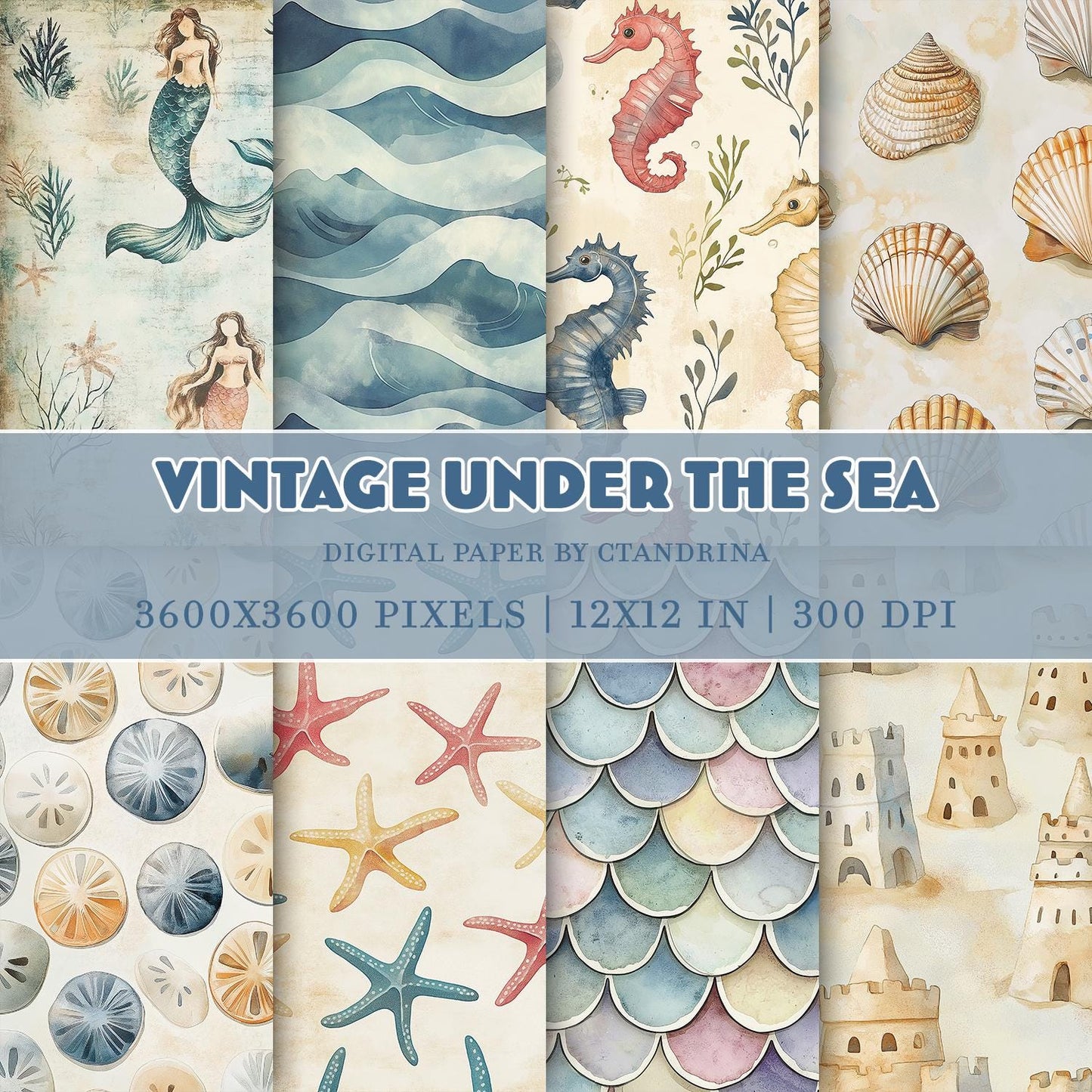 Vintage Under The Sea Watercolor Digital Paper, Mermaid Printable Scrapbook Paper, Digital Paper for Personal & Small Commercial Use