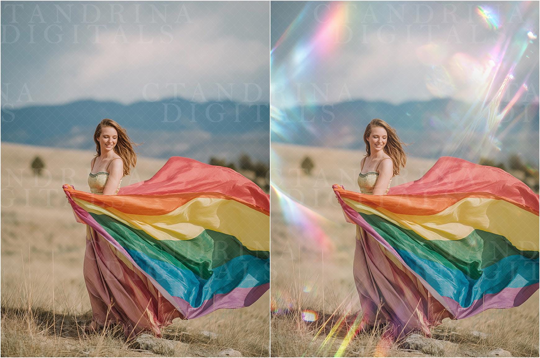 Rainbow Prism Digital Backdrops Overlays, Light Flare Overlays, Dreamy Light and Bokeh Backdrop Overlays for Photoshop, Tutorial Included