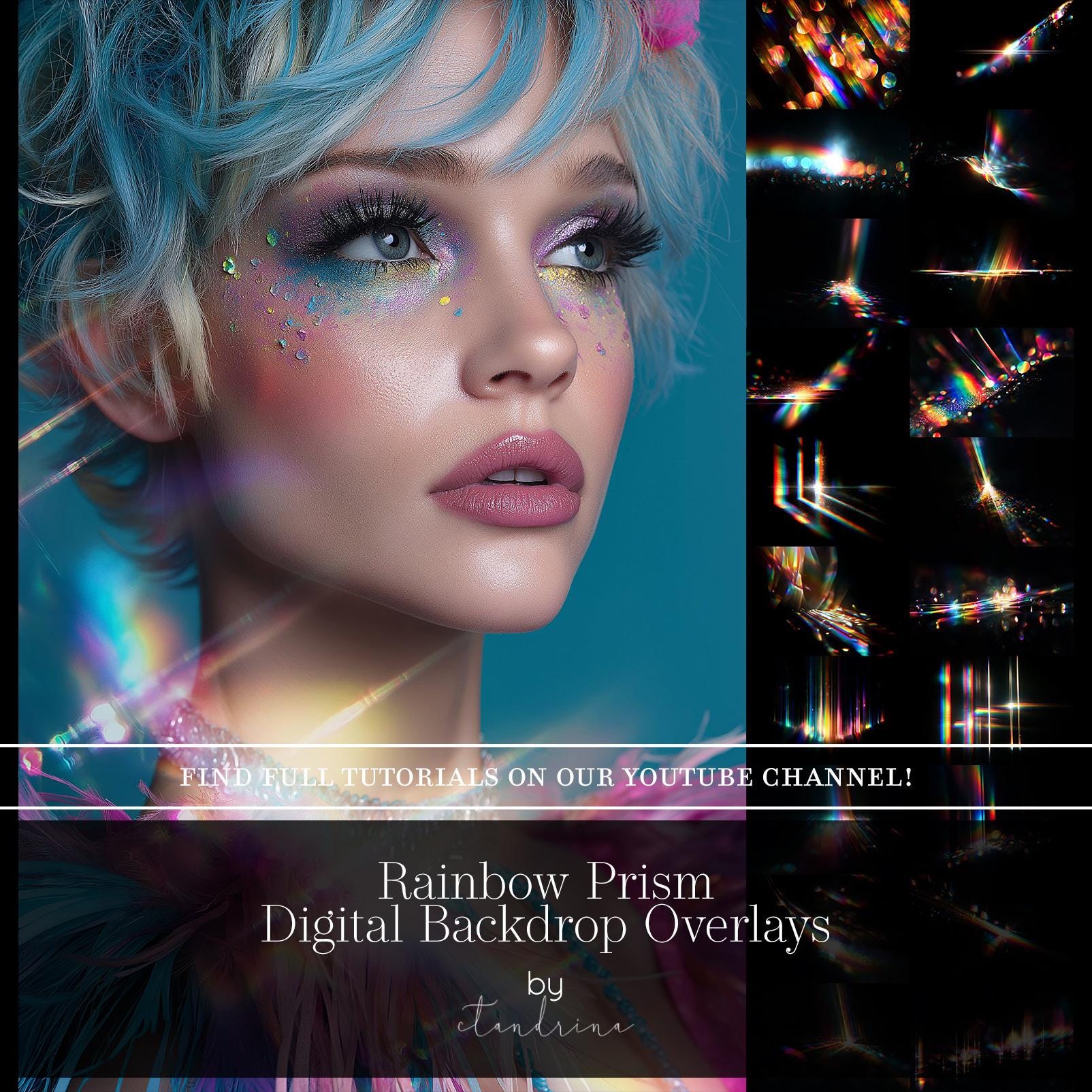 Rainbow Prism Digital Backdrops Overlays, Light Flare Overlays, Dreamy Light and Bokeh Backdrop Overlays for Photoshop, Tutorial Included