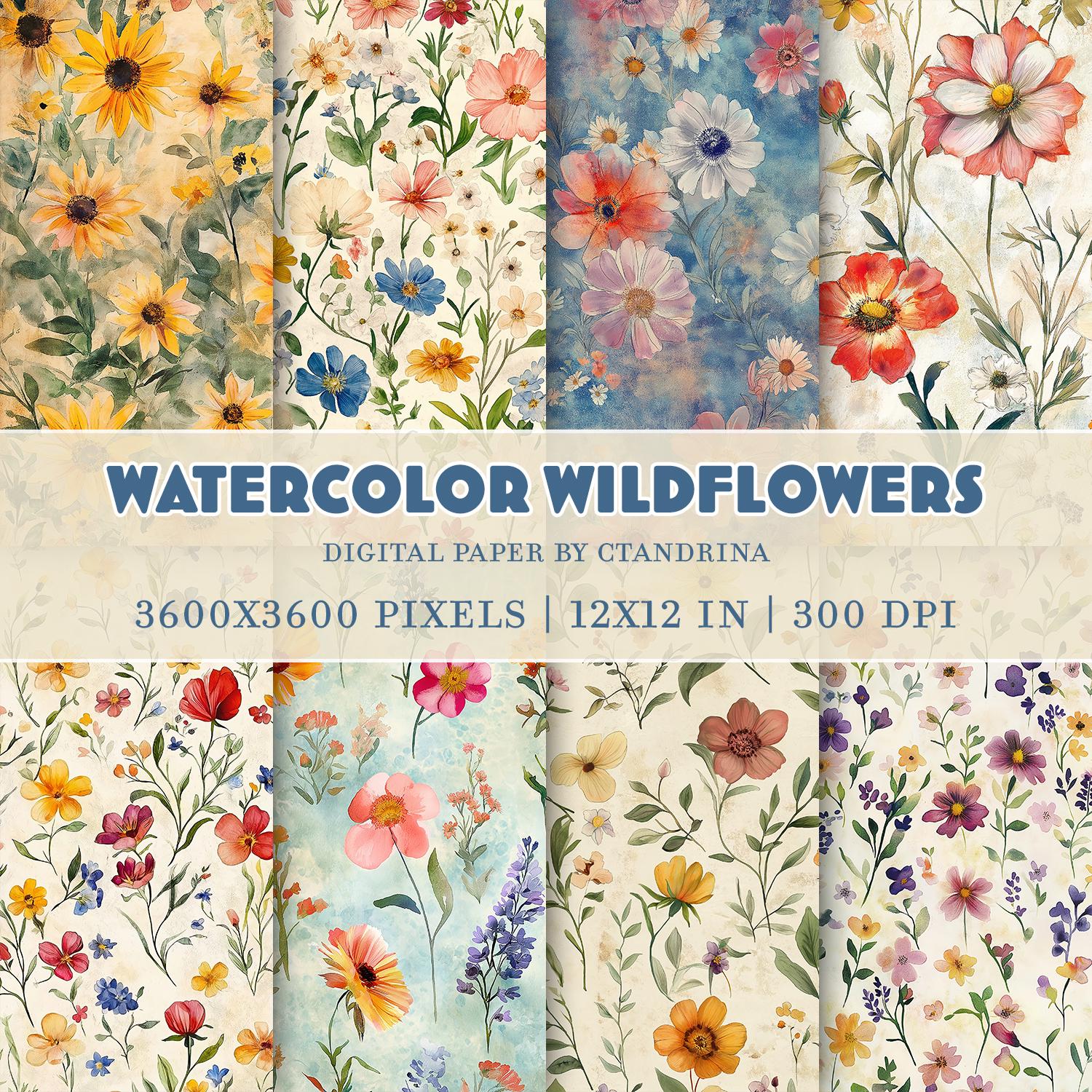 Watercolor Wildflowers Digital Paper, Dainty Printable Scrapbook Paper, Painted Floral Digital Paper for Personal & Small Commercial Use