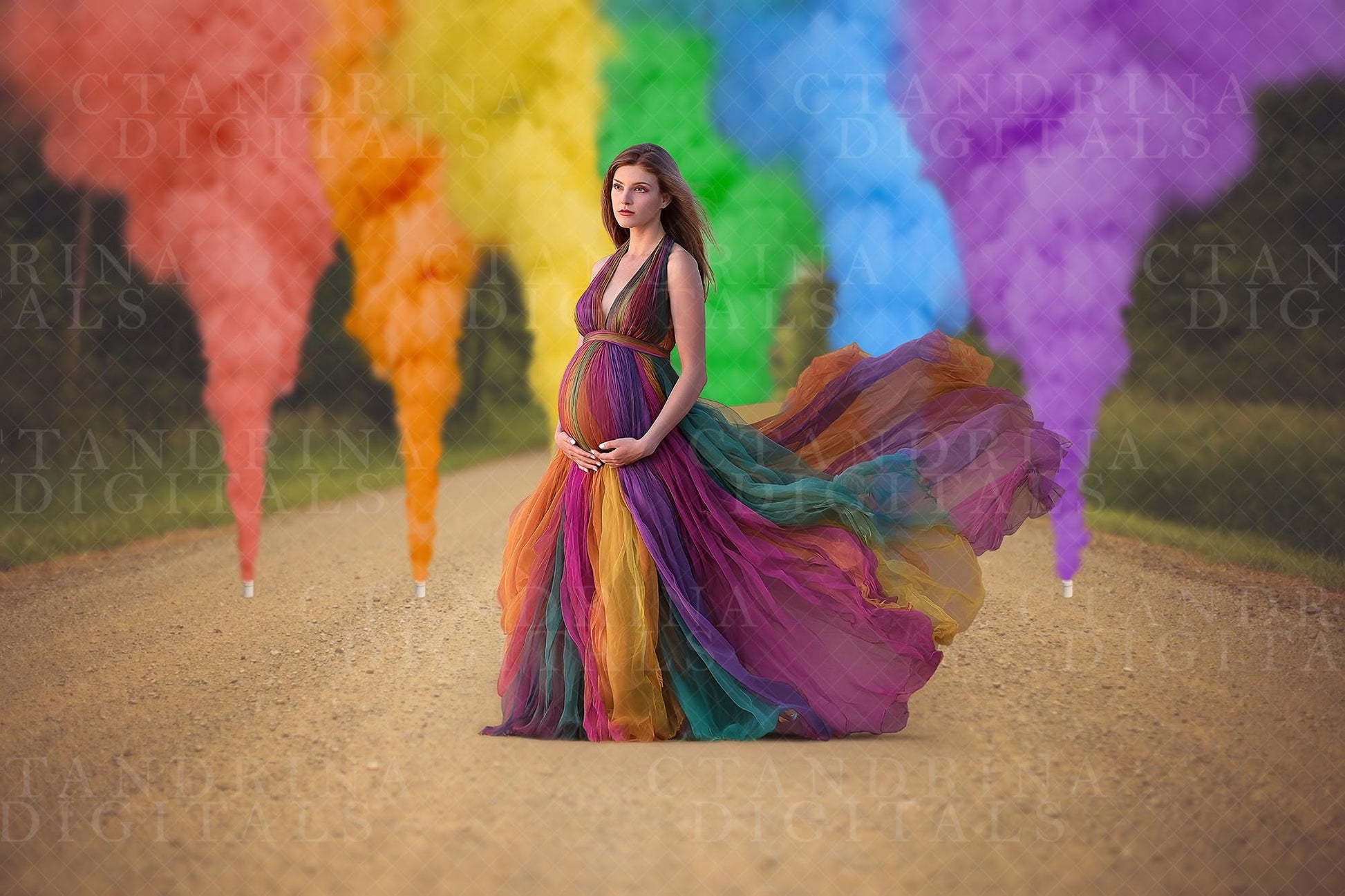 Rainbow Smoke Bombs in Dirt Road Digital Backdrop