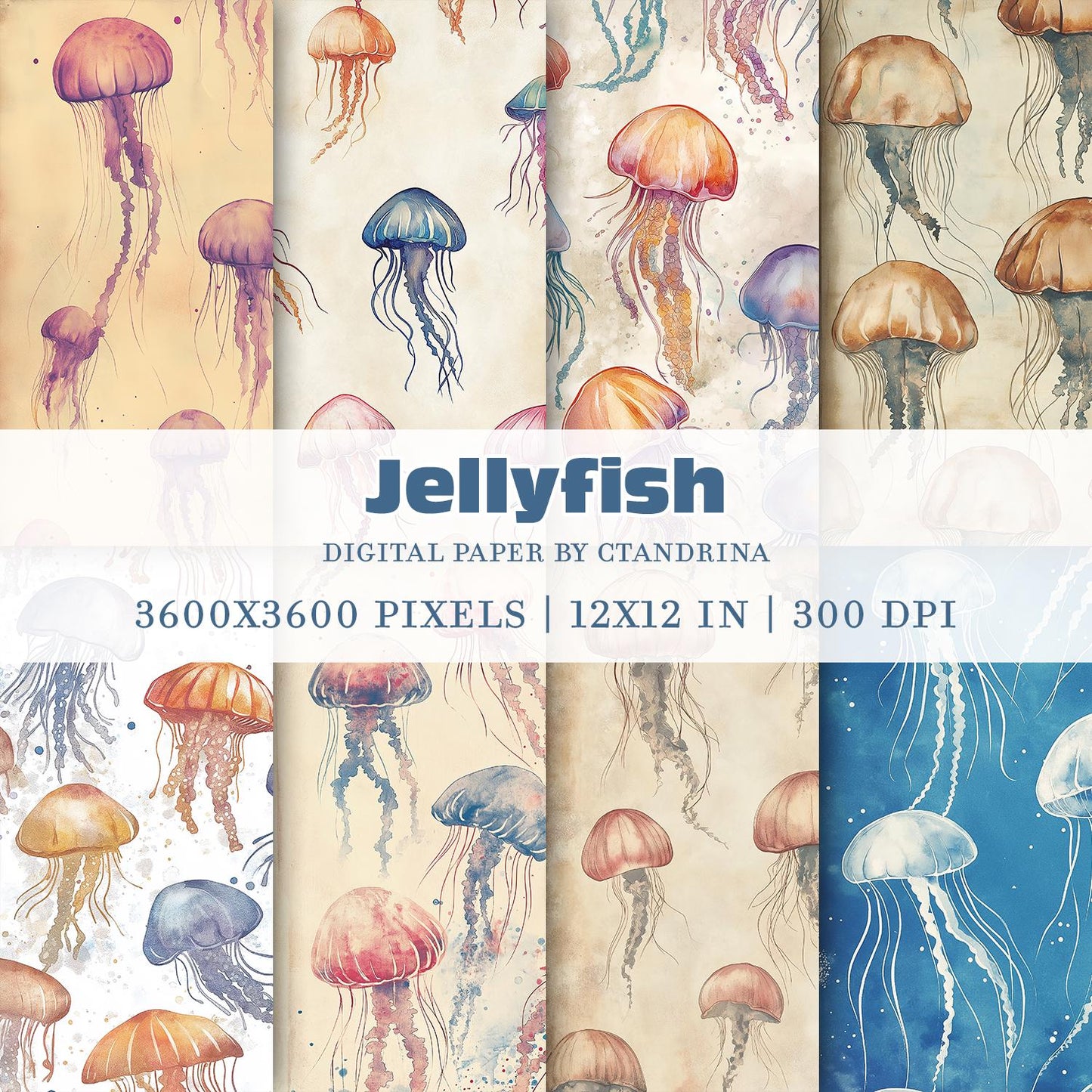Vintage Jellyfish Watercolor Digital Paper, Jellyfish Printable Scrapbook Paper, Digital Paper for Personal & Small Commercial Use