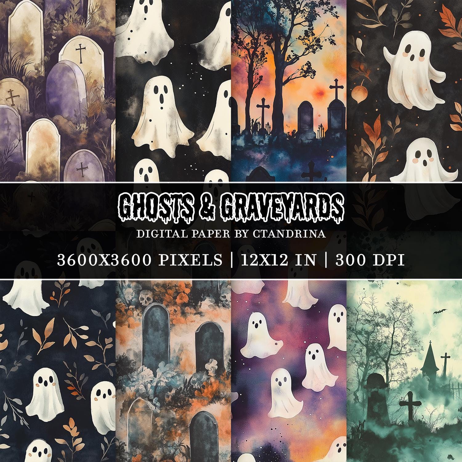 Ghosts & Graveyards Halloween Digital Paper, Printable Scrapbook Paper, Digital Paper for Personal and Small Commercial Use, Spooky Vibes