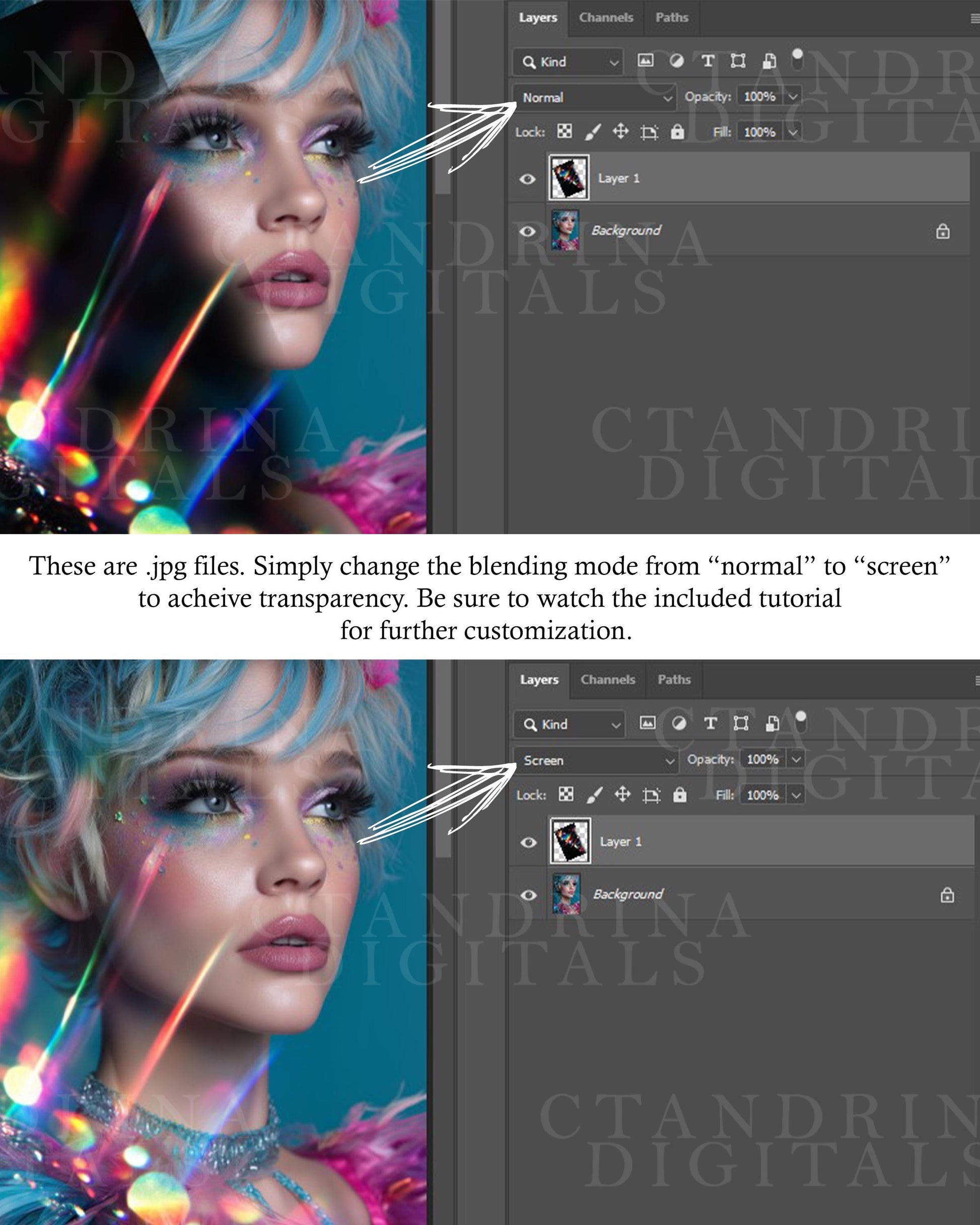 Rainbow Prism Digital Backdrops Overlays, Light Flare Overlays, Dreamy Light and Bokeh Backdrop Overlays for Photoshop, Tutorial Included