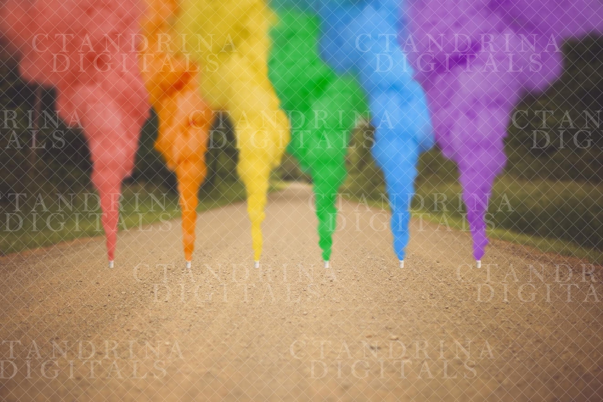 Rainbow Smoke Bombs in Dirt Road Digital Backdrop