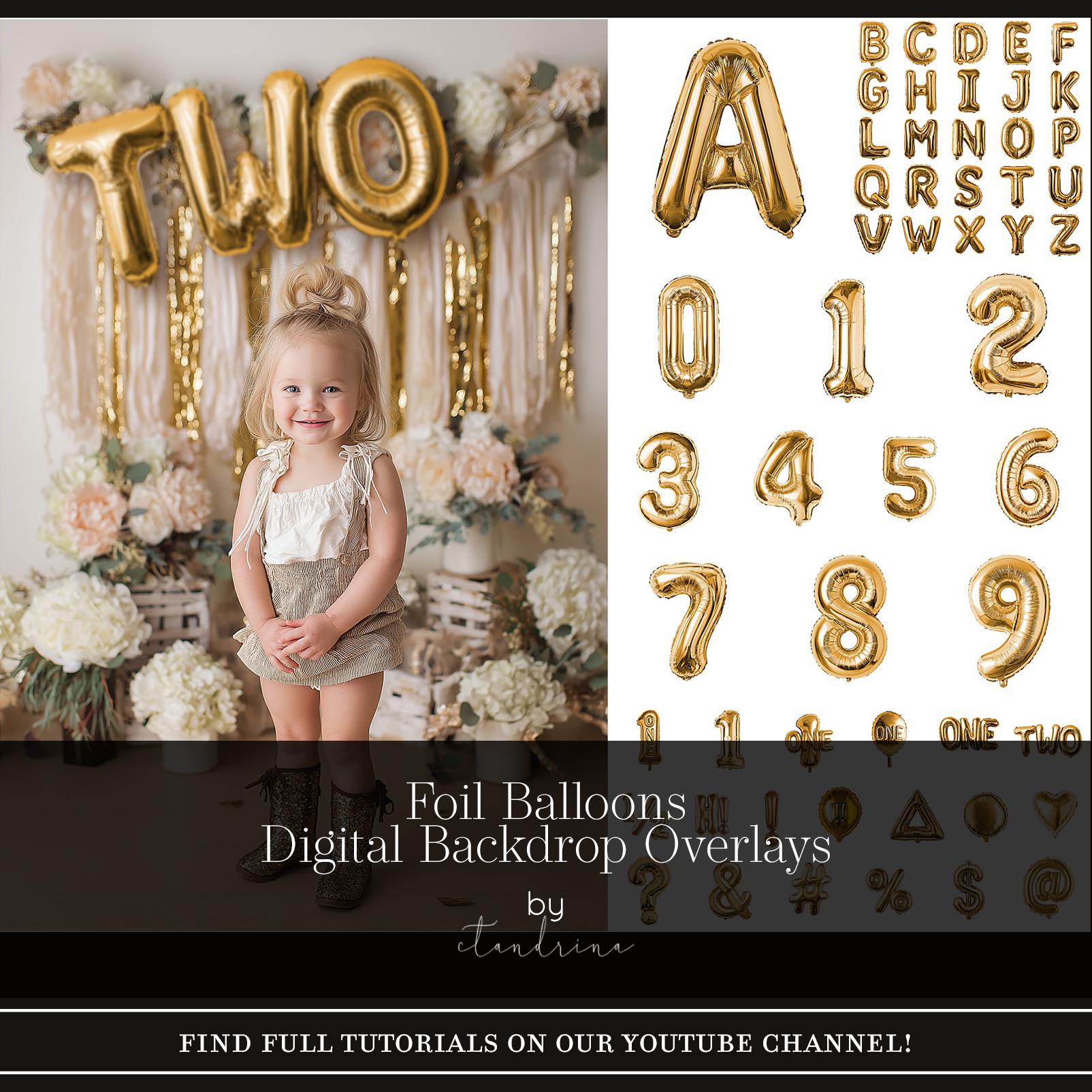 Foil Balloon PNG Digital Backdrop Overlays, Alphabet Foil Balloons, Number Foil Balloons, Cake Smash Foil Balloon, Milestone Session Overlay