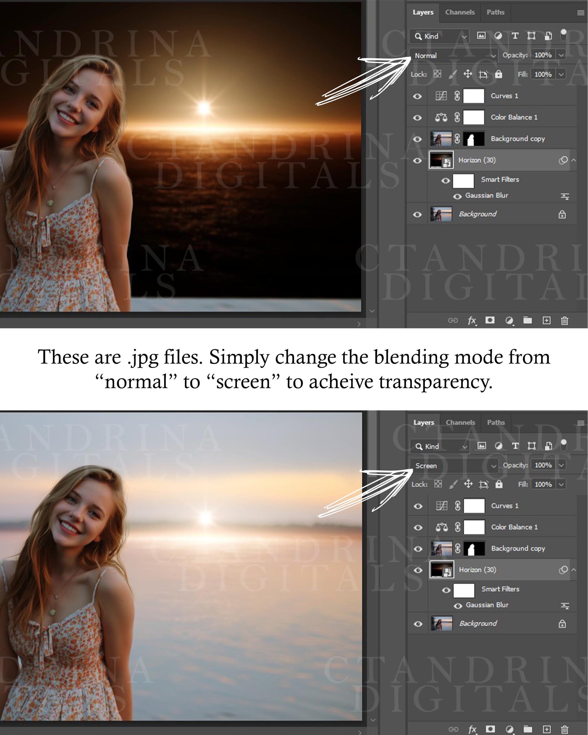 Sunset Horizon Overlays, Sunset Reflection, Sunrise Light Backdrop Overlays, Sunlight Backdrop Overlays for Photoshop, Peeking Sunlight