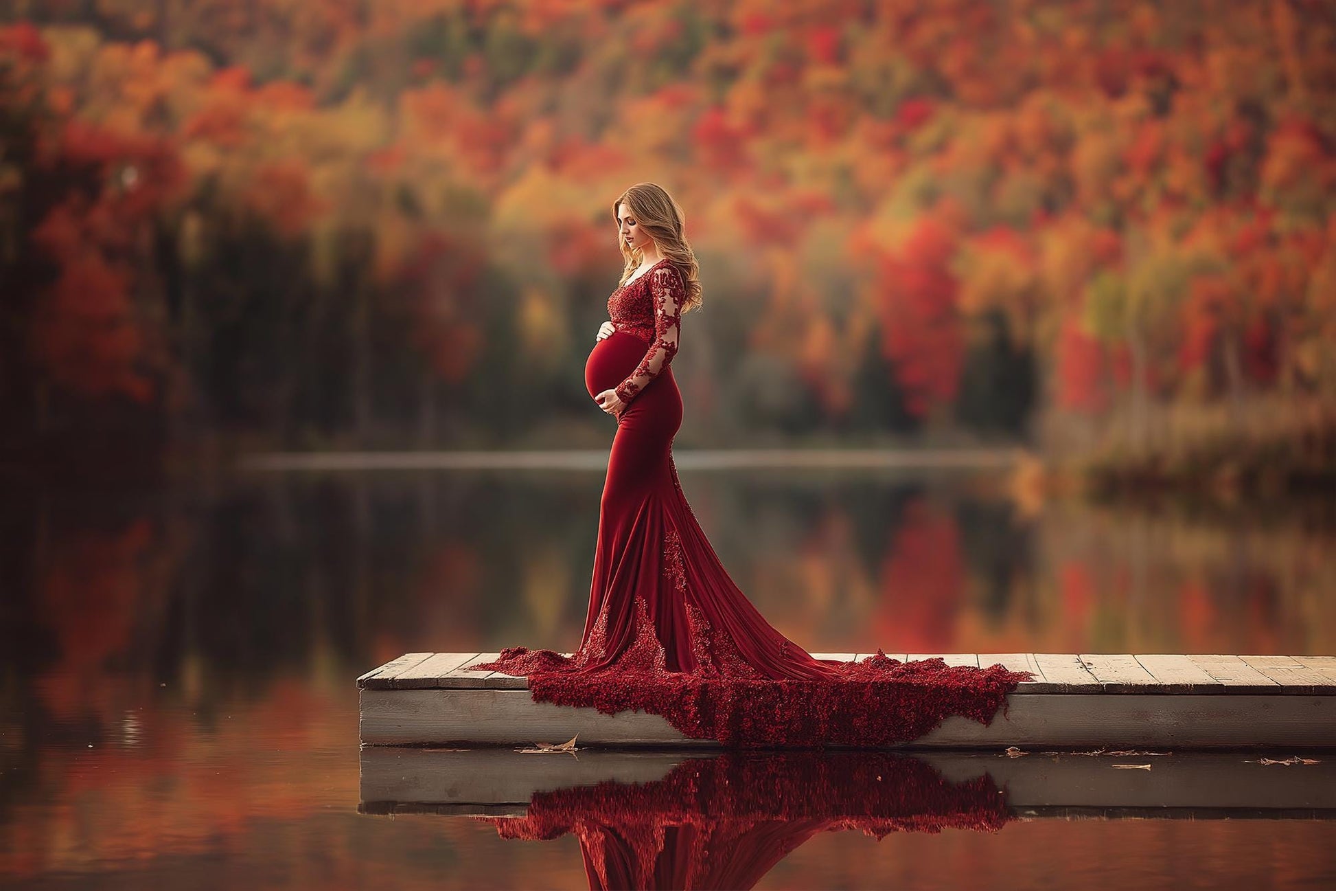 Dreamy Fall Dock on Lake Digital Backdrop | Autumn Photography Background