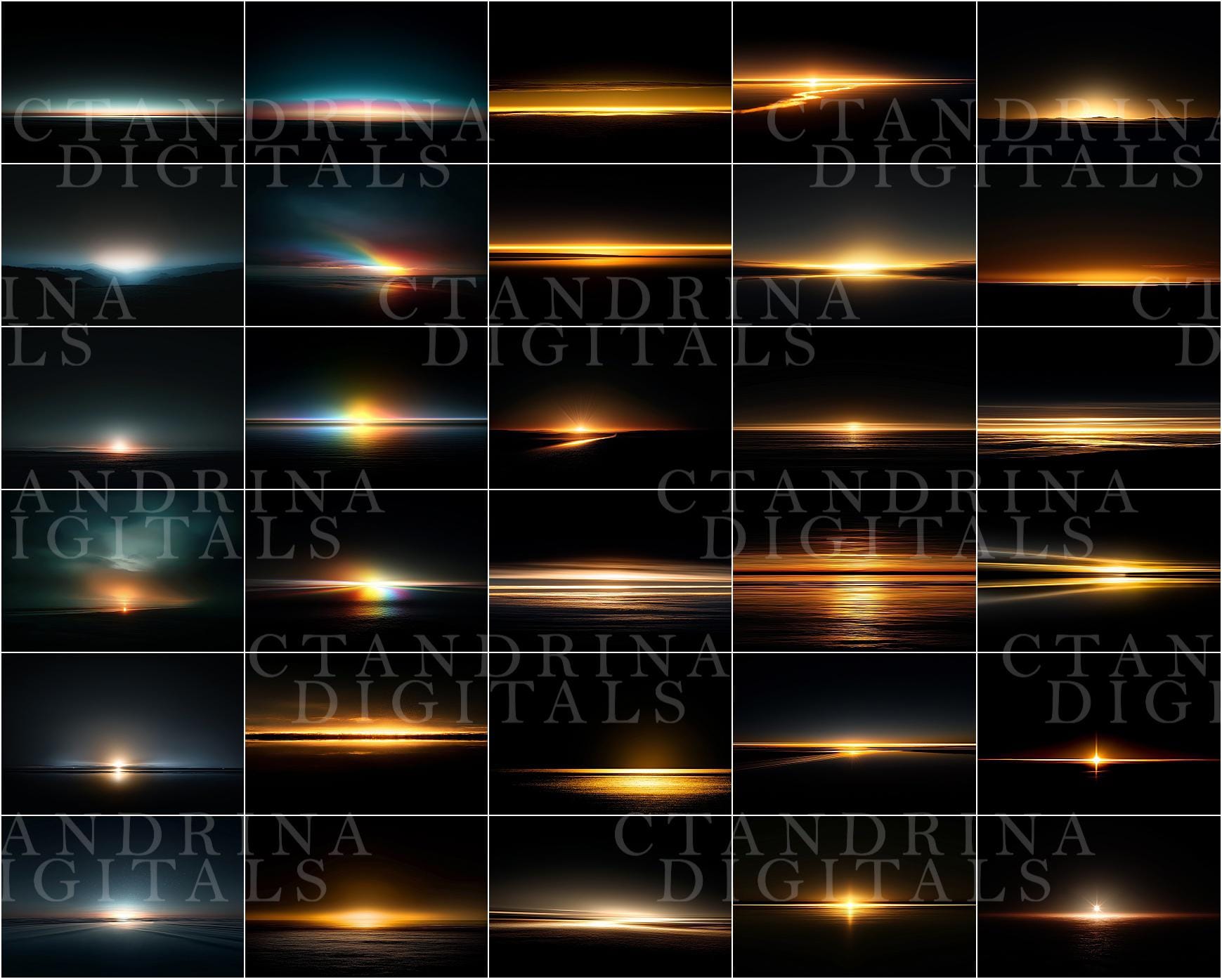 Sunset Horizon Overlays, Sunset Reflection, Sunrise Light Backdrop Overlays, Sunlight Backdrop Overlays for Photoshop, Peeking Sunlight