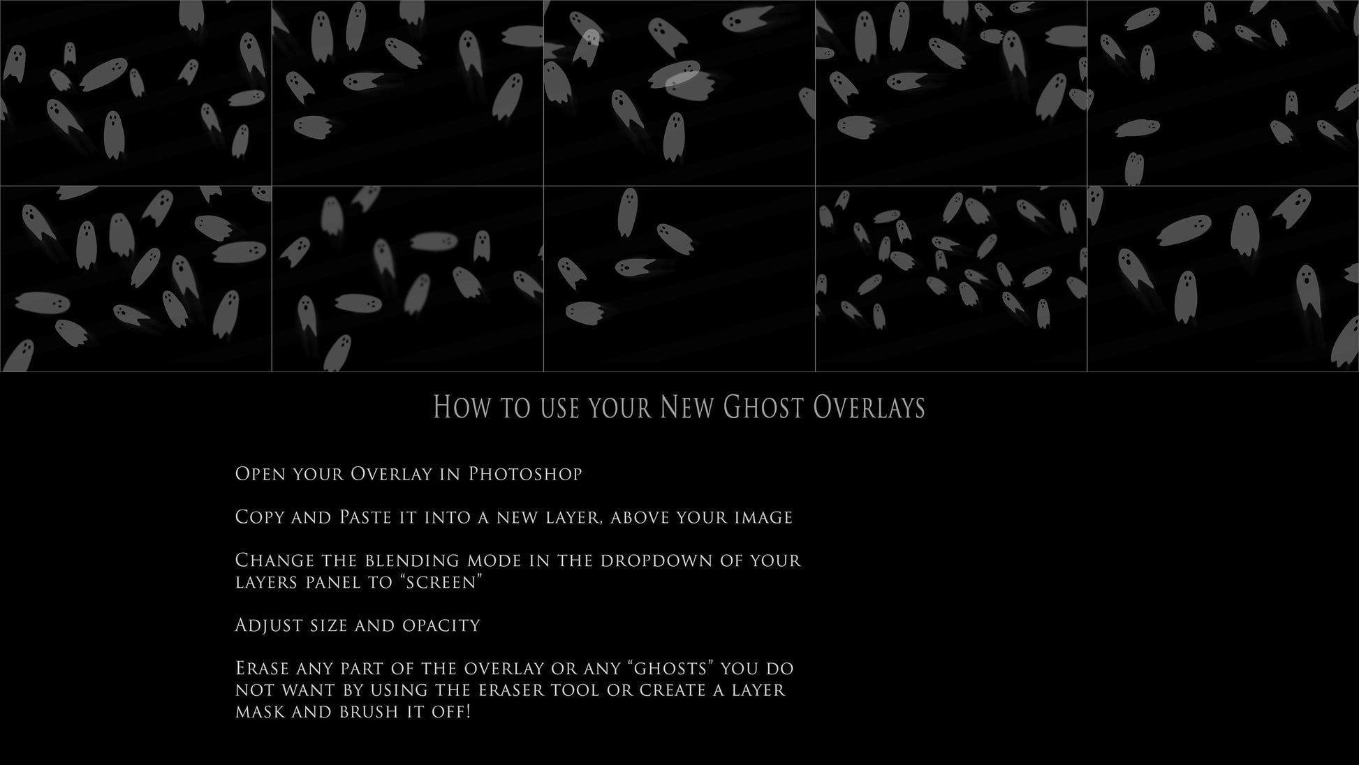 Cute Ghost Overlays, Halloween Overlays, Spooky Overlays, Flying ghosts, Overlays for Photographers and Creatives, Overlays for Photoshop