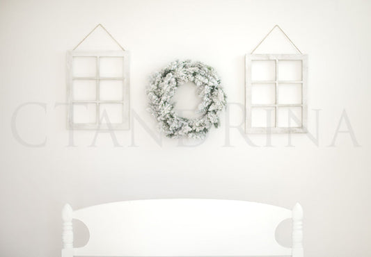 Christmas Digital Backdrop, Christmas Wreath with Headboard, Digital Christmas Mini Set-Up, White Holiday Digital Backdrop for Photoshop