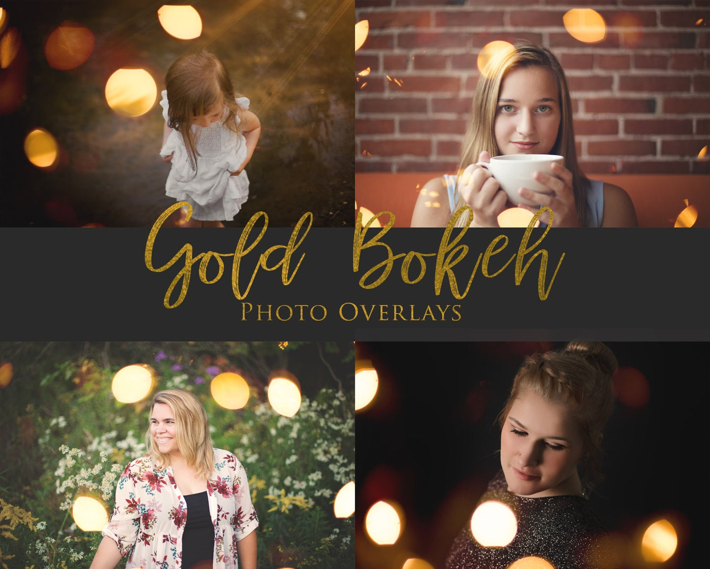 40 Gold Bokeh Overlays, Real Bokeh Overlays, Christmas Overlays, Golden Bokeh, Holiday Bokeh, Portrait Overlays for Photoshop - Set of 40