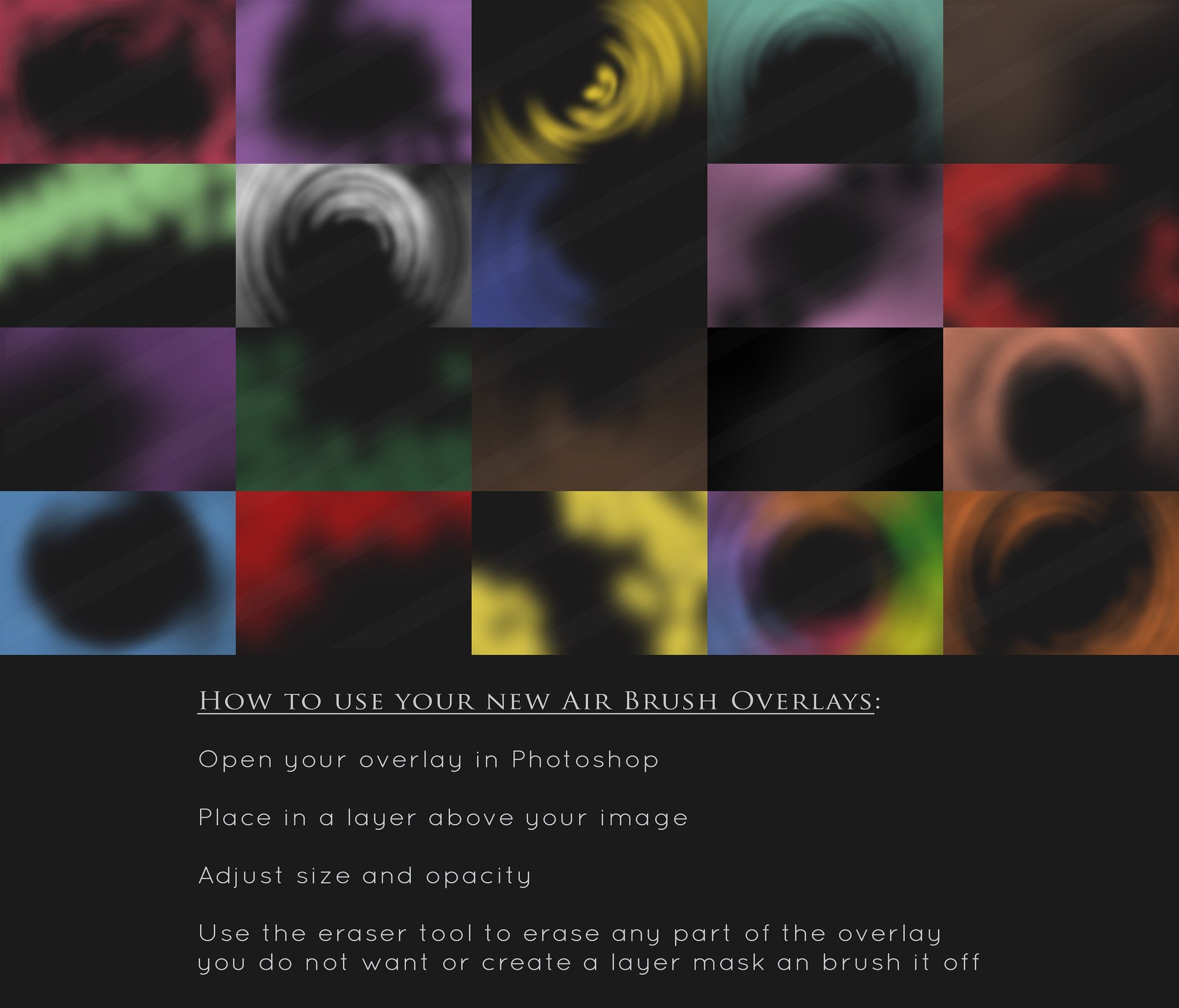 Airbrush Color Overlays, Color Overlays, Painted Effect Photoshop Overlays, Photoshop Overlays for Photography, Design and More!