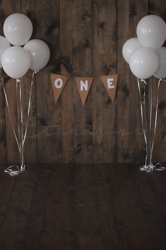 Brown and White One Year Session Digital Backdrop, 1st Birthday Digital Background, Birthday Backdrop, Banner and Balloons Background