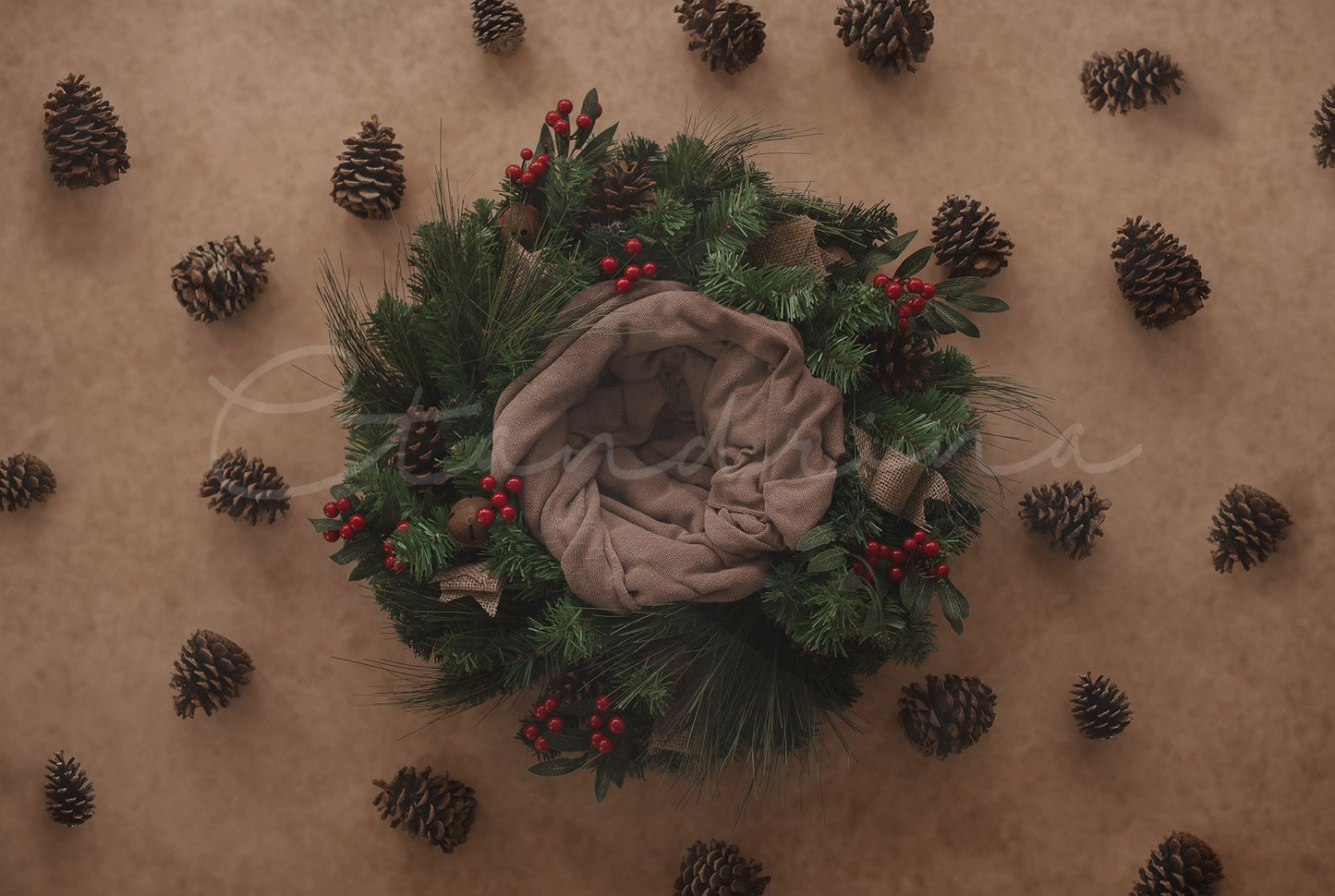 Holiday Wreath Newborn Digital Backdrop, Wreath with Bells and Pine Cones Background, Neutral Christmas Baby Backdrop for Photoshop