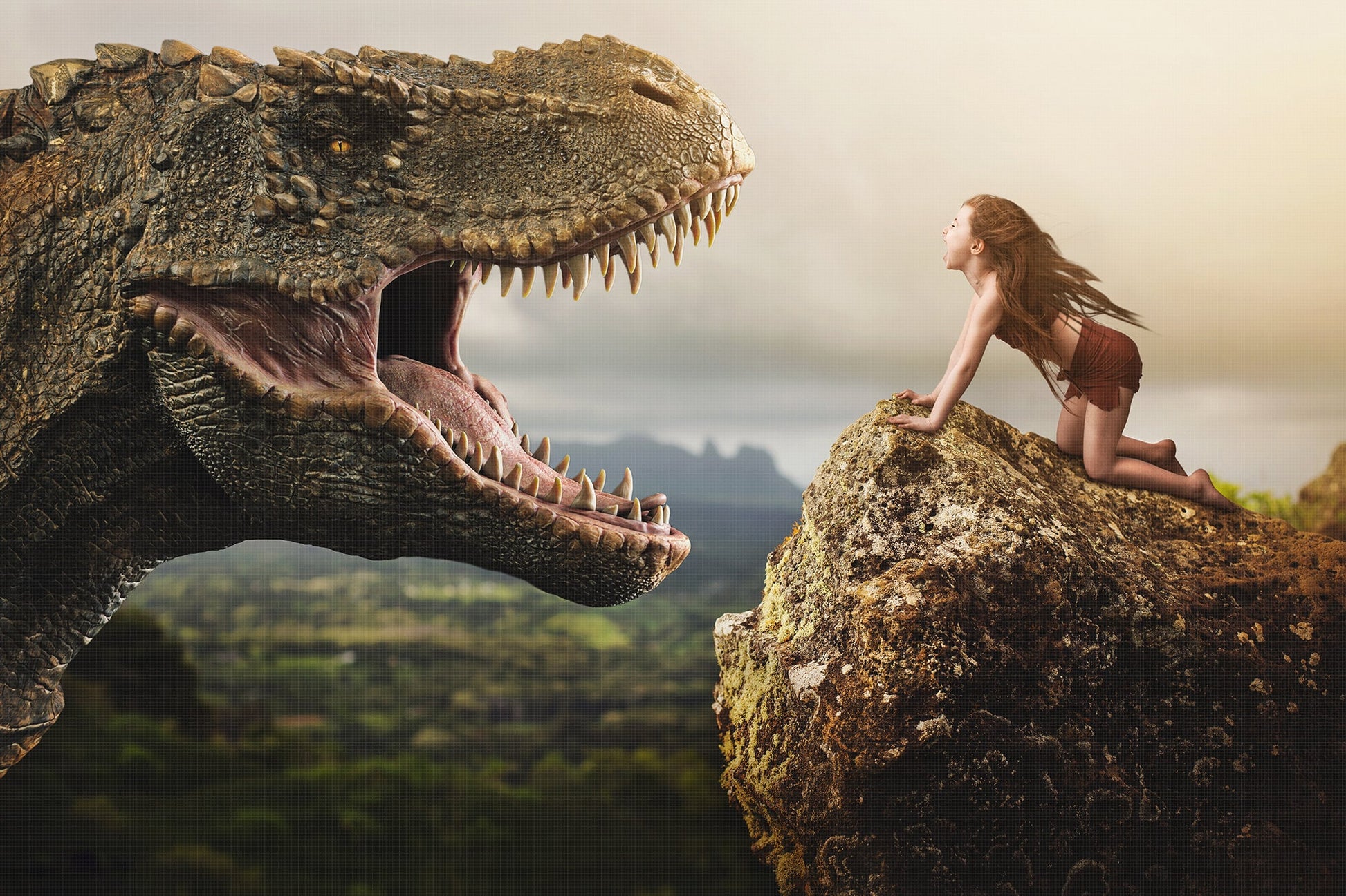 T-Rex Digital Background, Tyrannosaurus Rex Digital Backdrop, Fantasy Digital Backgrounds, Roaring T-Rex on Cliff Backdrop for Photoshop