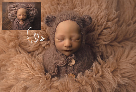 Newborn Digital Backdrop, Newborn Bear on Flokati Digital Background, Baby Bear Backdrops, Replace the Face Backdrops, PNG Newborn Backdrop