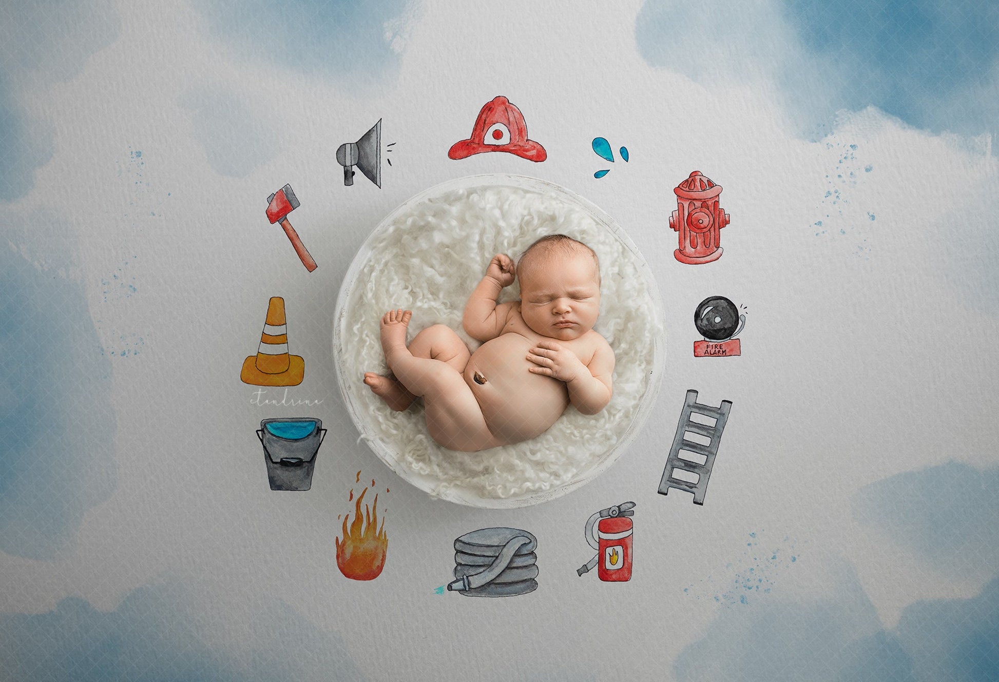 Firefighter Newborn Digital Backdrop, Fireman Newborn Digital Background, Watercolor Fire Fighter Newborn Backdrop for Photoshop Composites