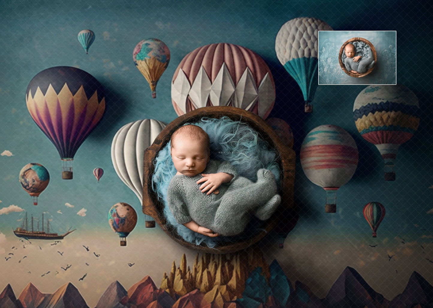 Hot air Balloon Newborn Digital Backdrop, Hot air Balloons Baby Backdrop, Newborn Digital Backdrops for Photoshop Composites