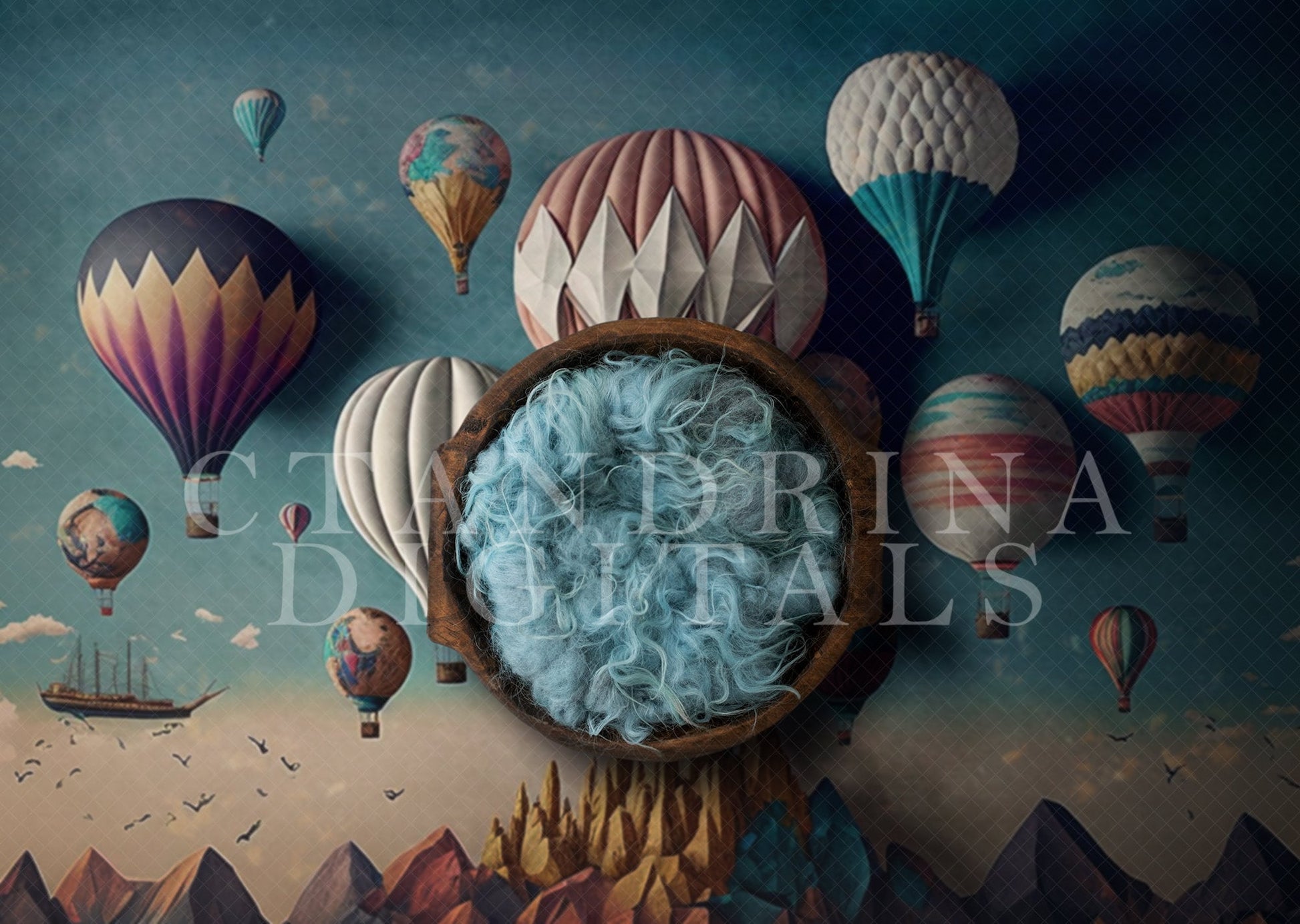 Hot air Balloon Newborn Digital Backdrop, Hot air Balloons Baby Backdrop, Newborn Digital Backdrops for Photoshop Composites
