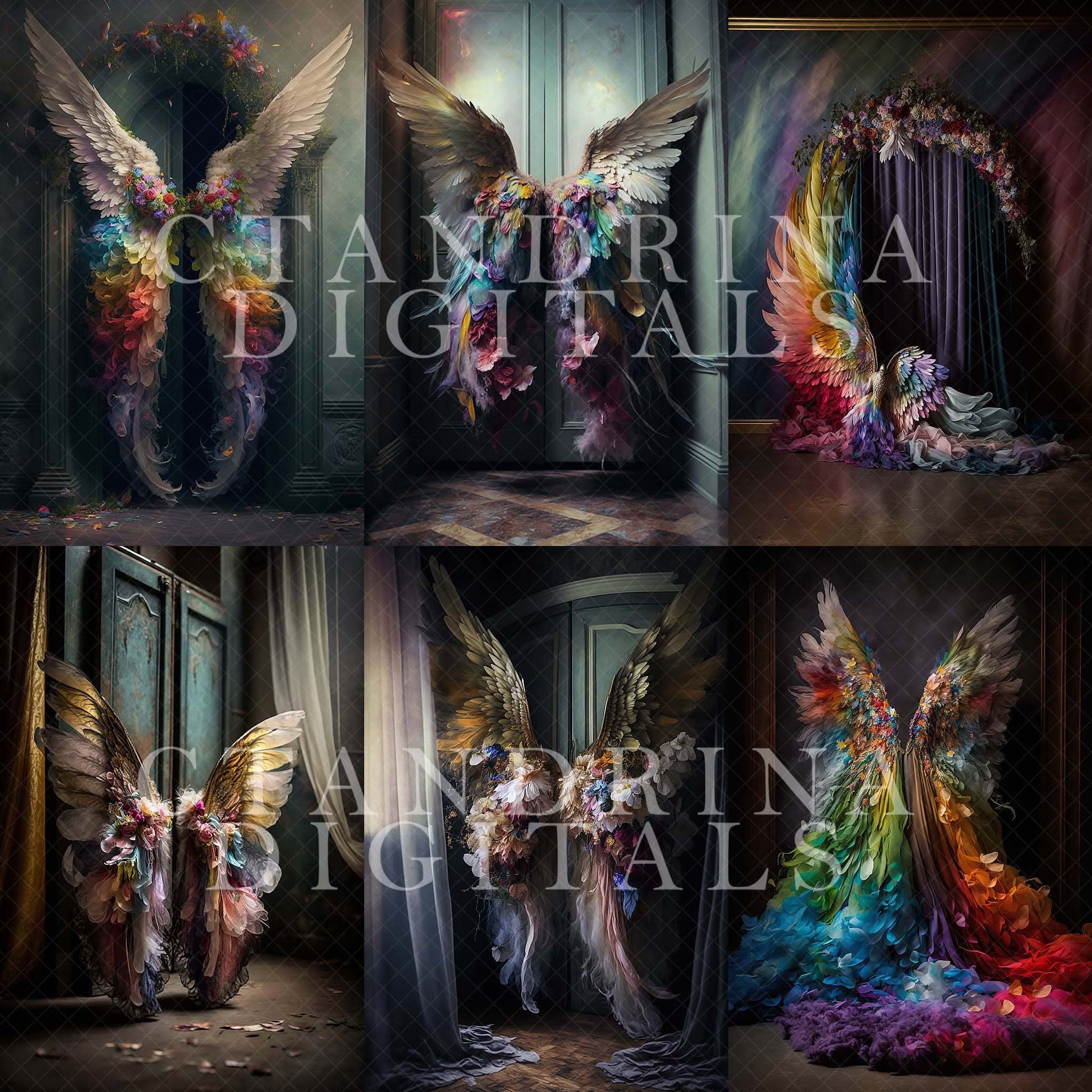 Rainbow Wings Digital Backdrops, Rainbow Angel Wing Luxury Maternity Digital Backdrops, Rainbow Baby Backdrops for Photoshop Composite