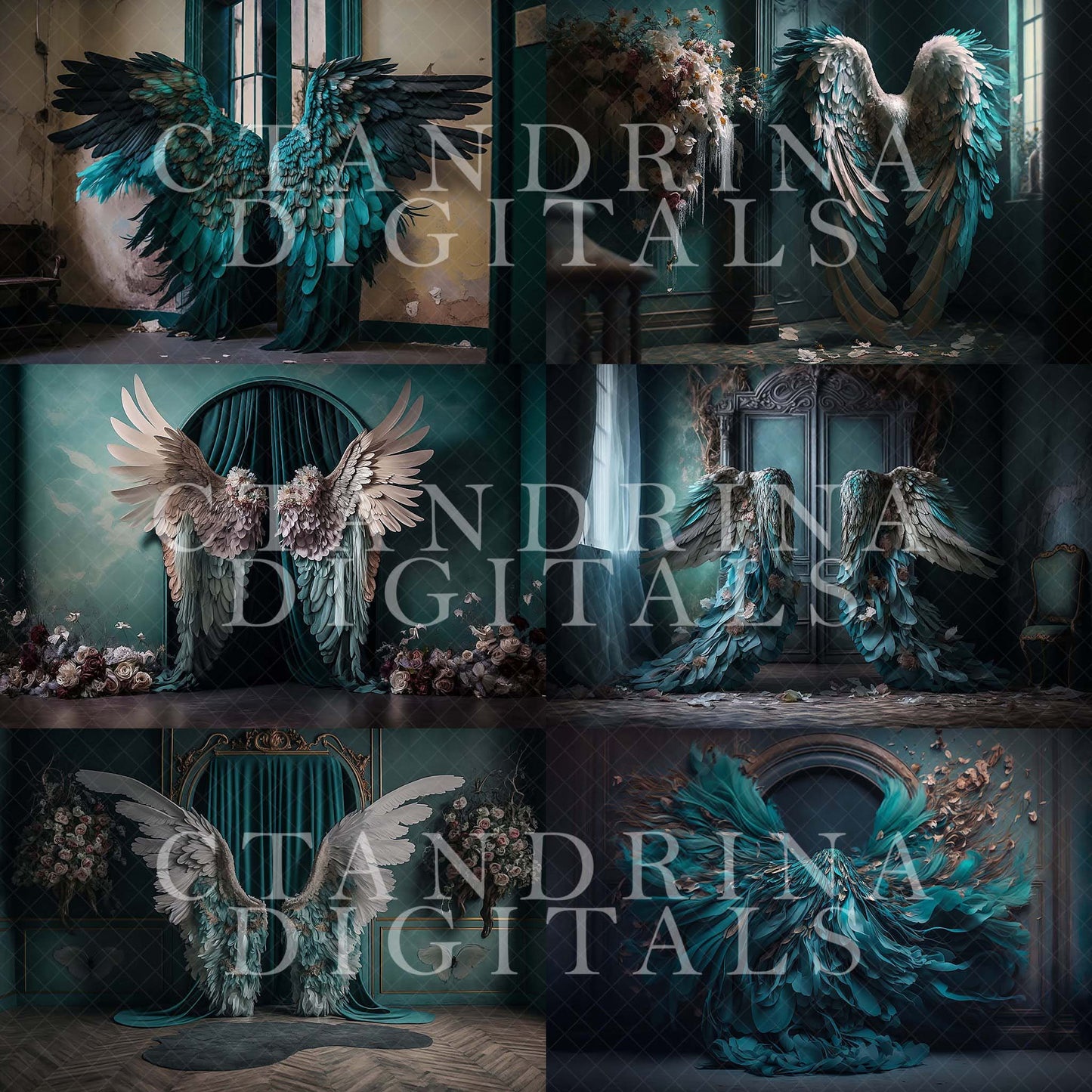 Turquoise Wings Digital Backdrops, Teal Angel Wing Luxury Maternity Digital Backdrops, Portrait Digital Backdrops for Photoshop Composite