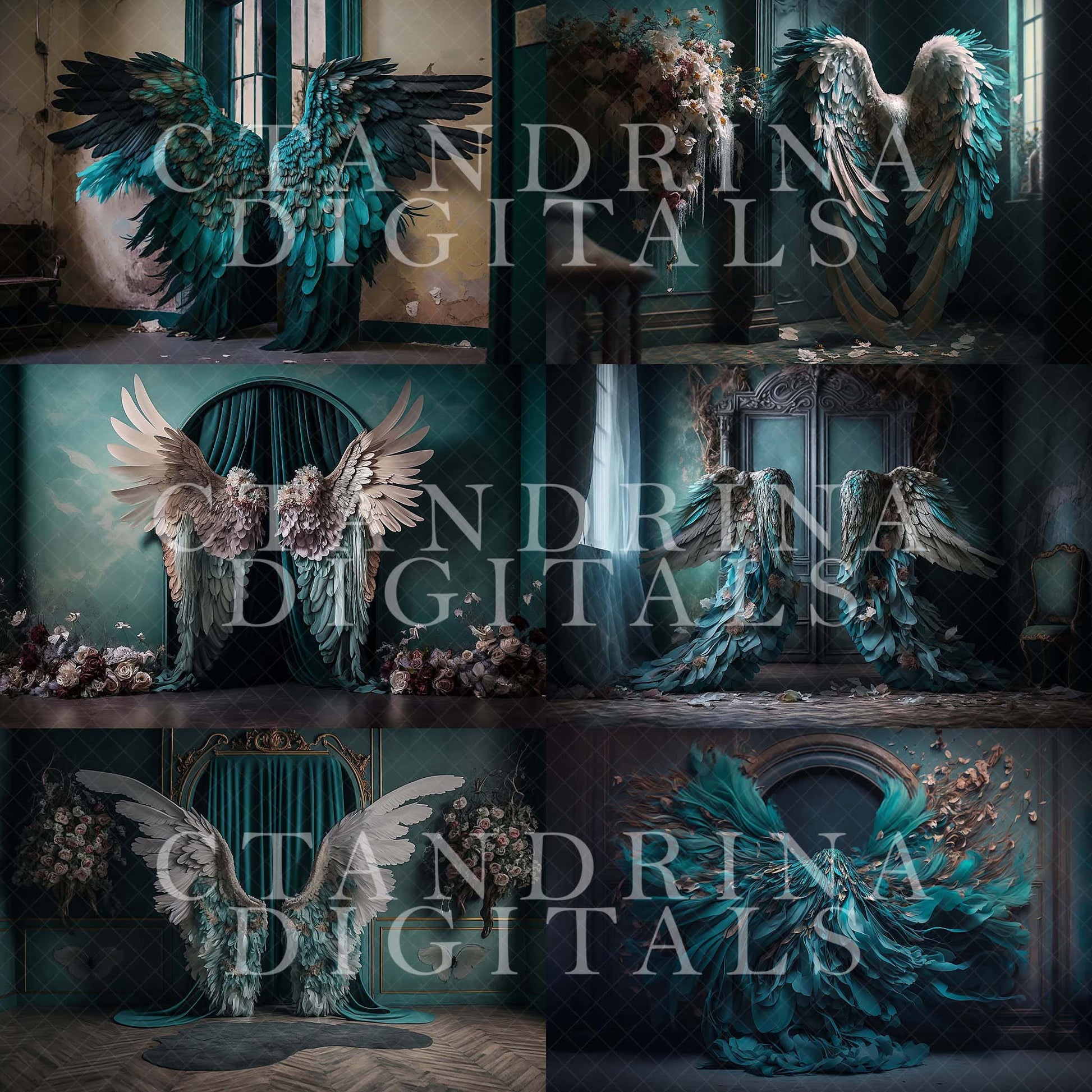 Turquoise Wings Digital Backdrops, Teal Angel Wing Luxury Maternity Digital Backdrops, Portrait Digital Backdrops for Photoshop Composite