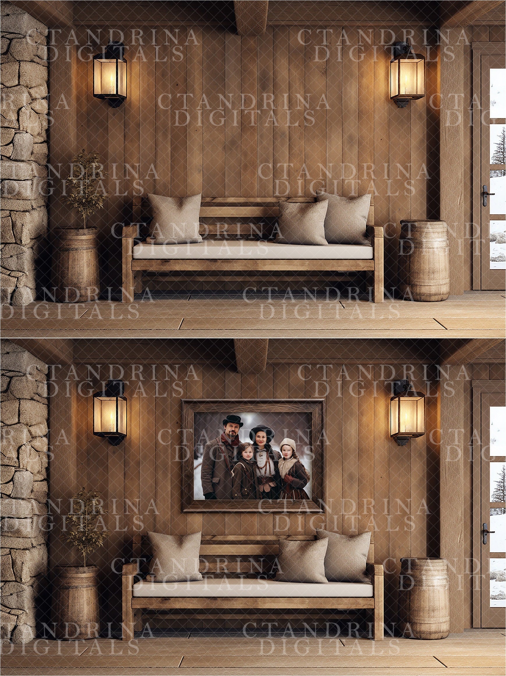Wall Mock-Ups, Winter Chalet Room Mock-Ups, Photo Wall Mockups, Room Mock-Ups, IPS Photo Masks, Wall Frame Masks for Website and Blog