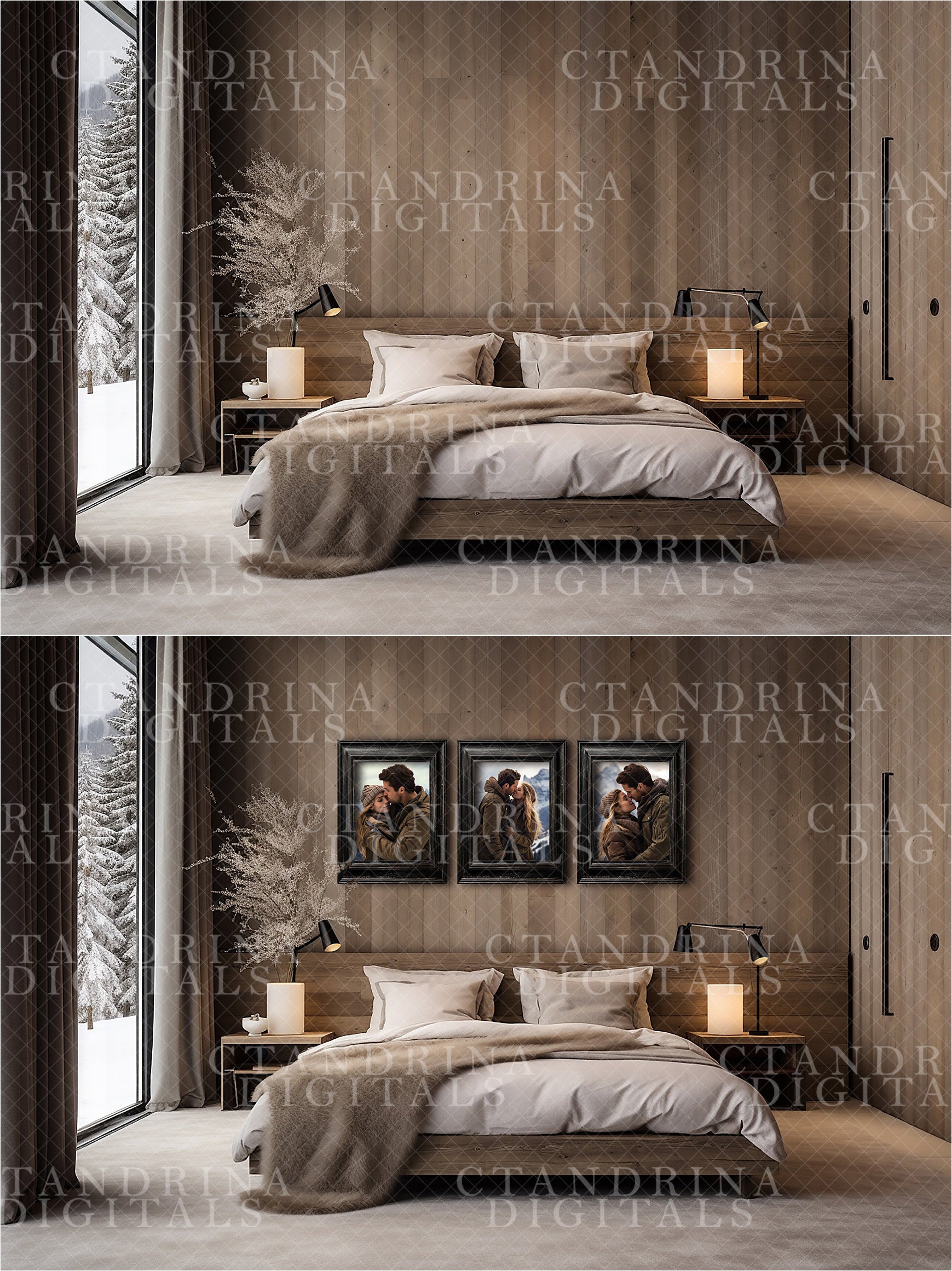 Wall Mock-Ups, Winter Chalet Room Mock-Ups, Photo Wall Mockups, Room Mock-Ups, IPS Photo Masks, Wall Frame Masks for Website and Blog