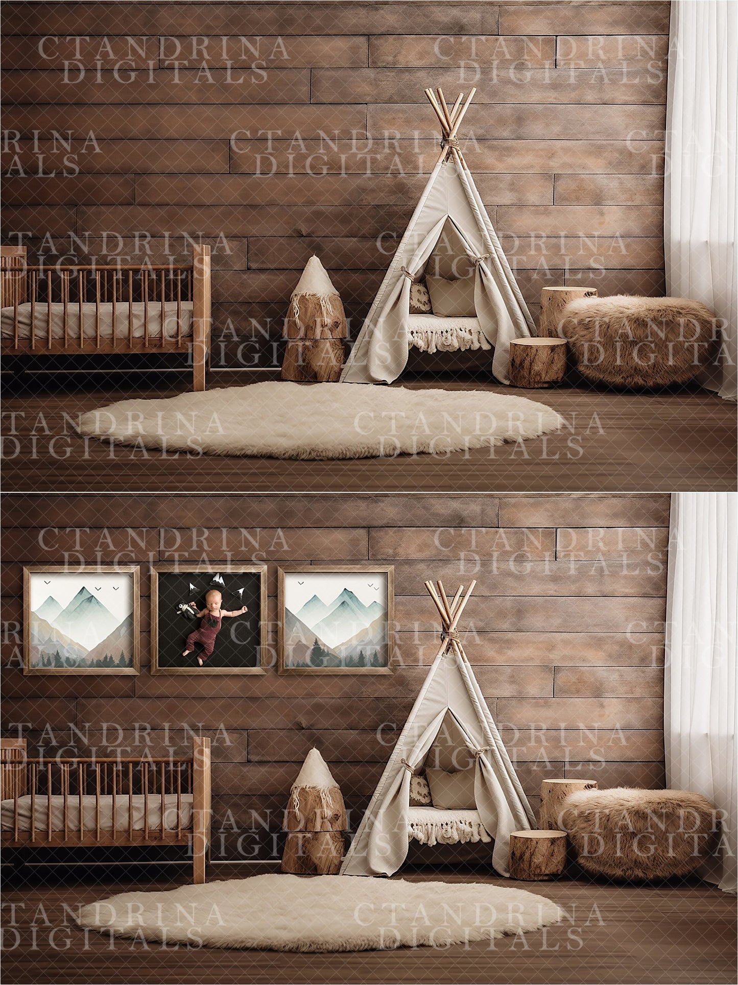 Wall Mock-Ups, Winter Chalet Room Mock-Ups, Photo Wall Mockups, Room Mock-Ups, IPS Photo Masks, Wall Frame Masks for Website and Blog