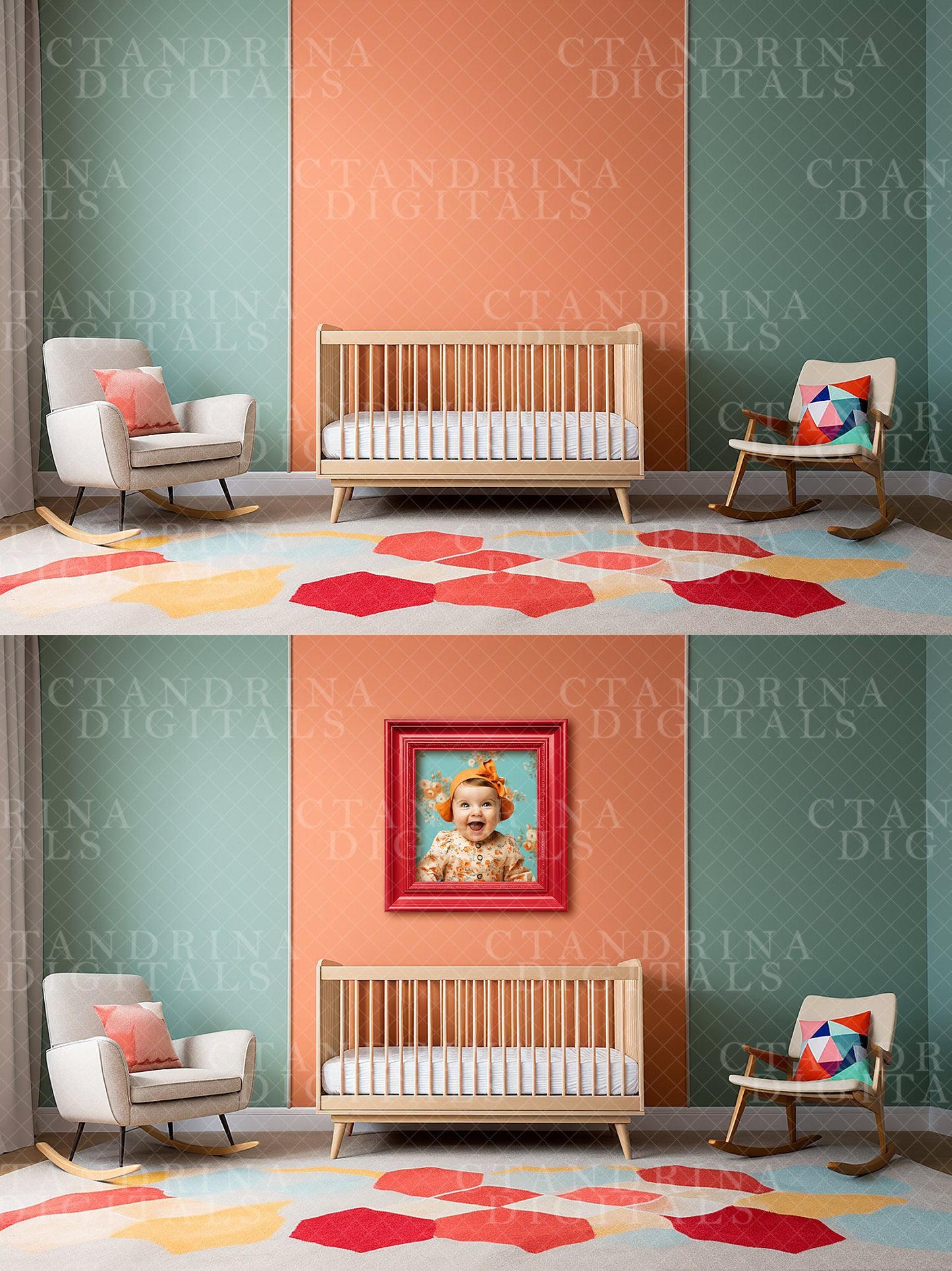 Wall Mock-Ups, Colorful Mid-Century Room Mock-Ups, Photo Wall Mockups, Room Mock-Ups, IPS Photo Masks, Wall Frame Masks for Website and Blog