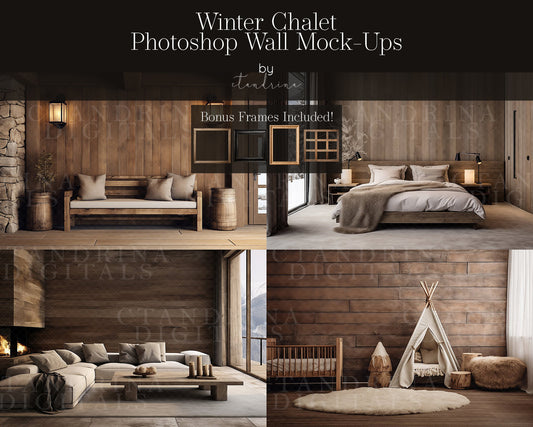 Wall Mock-Ups, Winter Chalet Room Mock-Ups, Photo Wall Mockups, Room Mock-Ups, IPS Photo Masks, Wall Frame Masks for Website and Blog