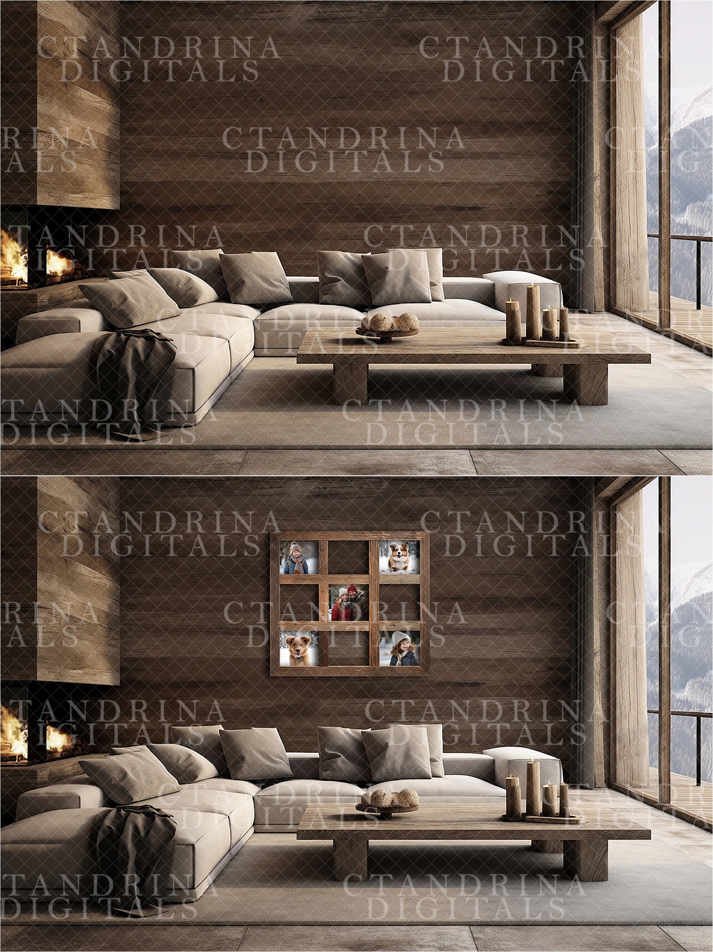 Wall Mock-Ups, Winter Chalet Room Mock-Ups, Photo Wall Mockups, Room Mock-Ups, IPS Photo Masks, Wall Frame Masks for Website and Blog