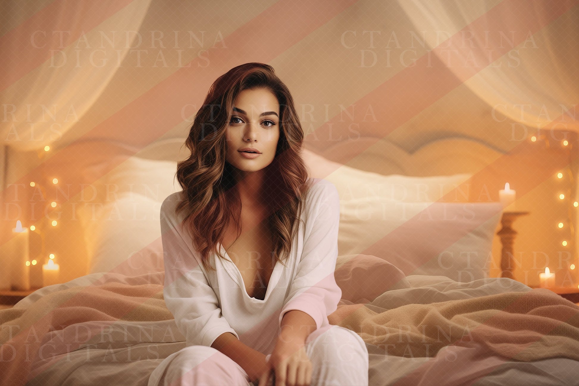 Cozy Candle Bed Digital Backdrops, White and Beige Bed with String Lights and Candles, Boudoir Digital Background for Composites - 4 Pack