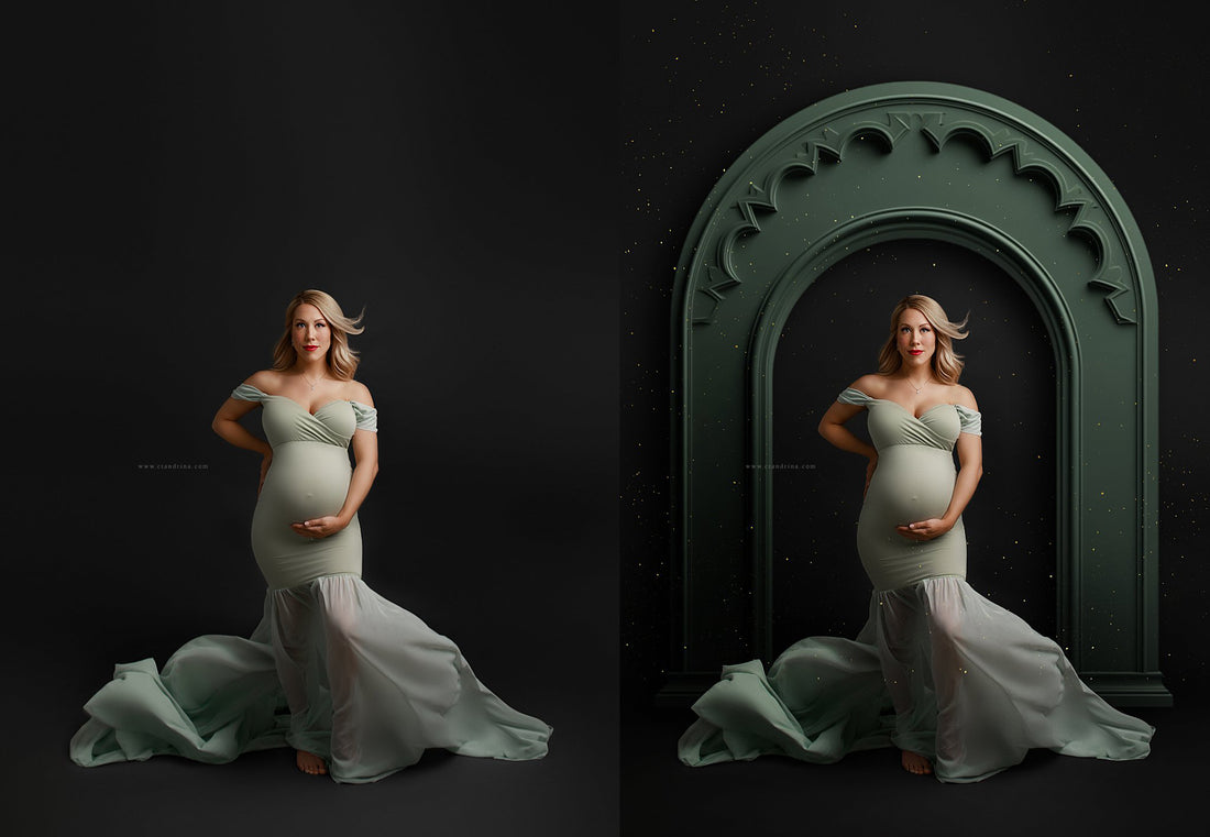 a gorgeous tastefully nude model with a backlit before and after image using an underwater digital backdrop