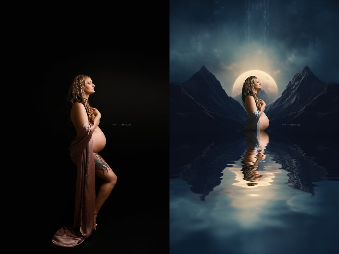 half naked woman that is pregnant posing in studio with an after photo of a mountain moonlit digital backdrop