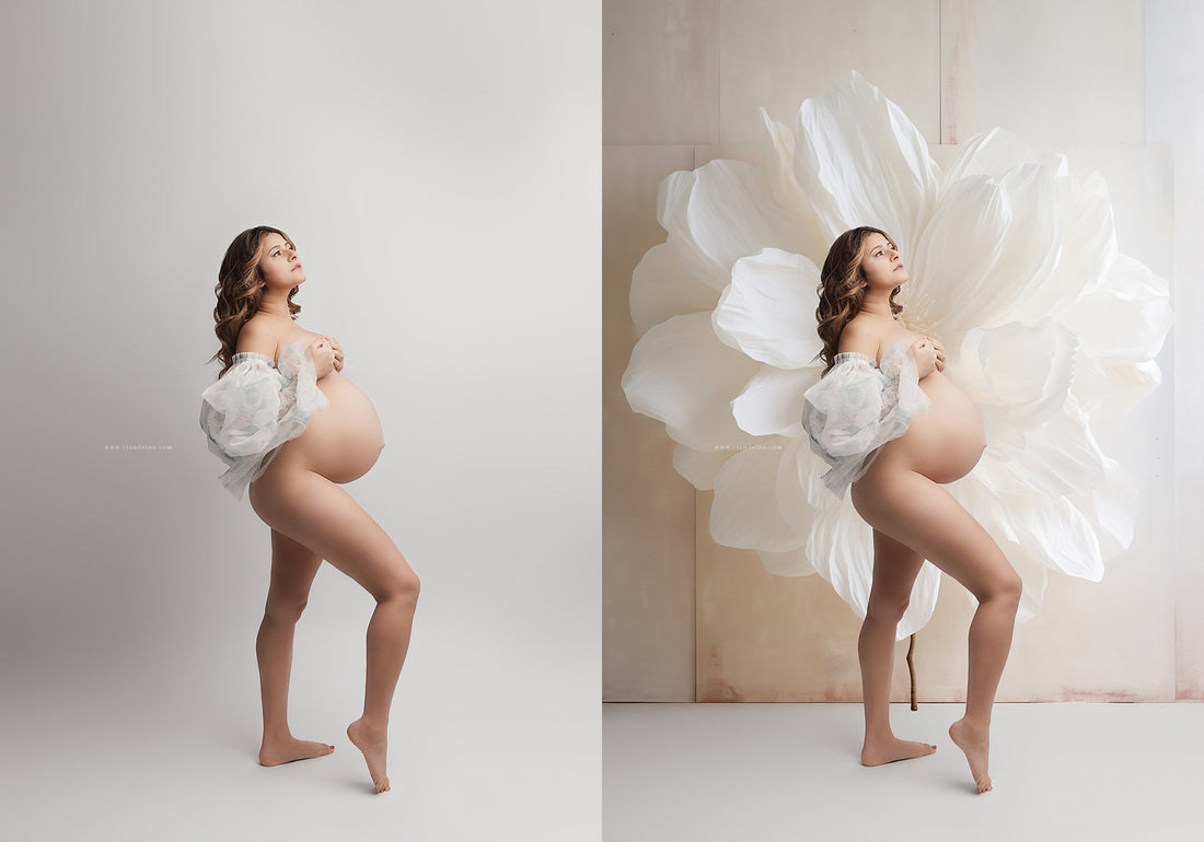 a tastefully nude maternity model with fabric sleeves from k.h. fashion, on a white seamless backdrop with a before and after photo, showcasing a big white floral digital backdrop