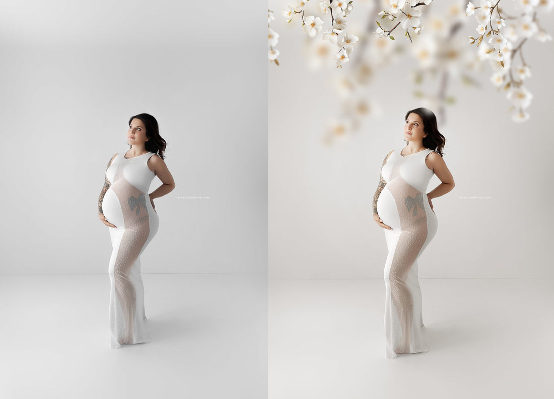 a glowing pregnant woman in a white gown on a white backdrop with a before and after photo using floral branch overlays