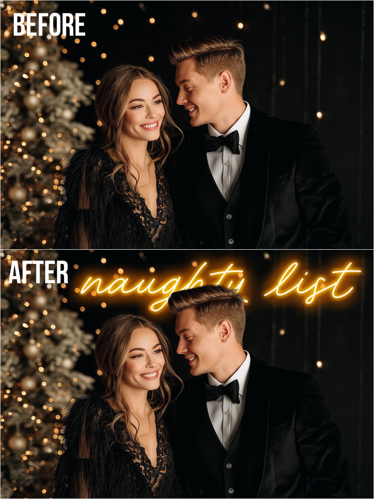 Neon Christmas Signs | Glowing Holiday Overlays for Photoshop (Digital Download)