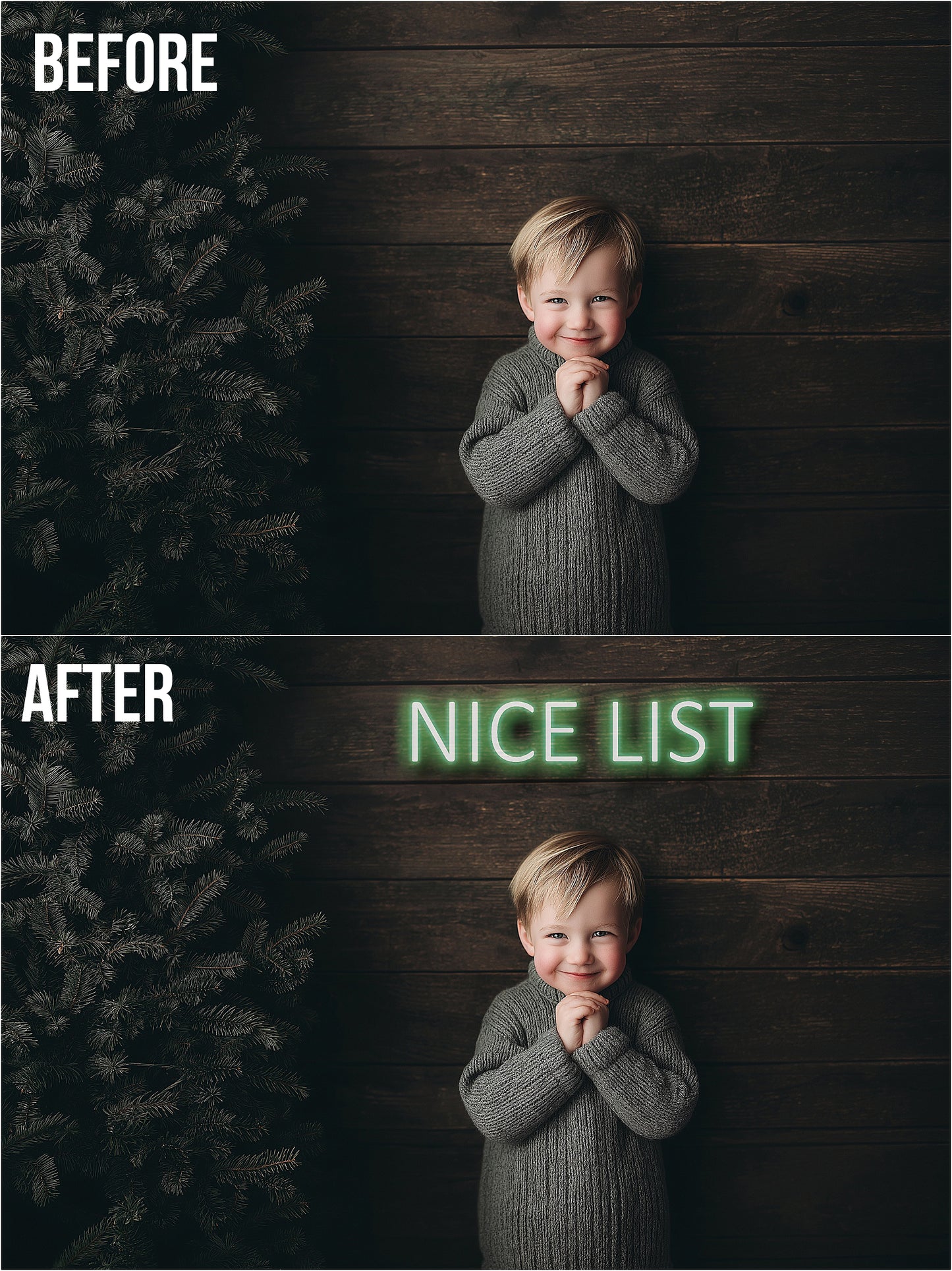 Neon Christmas Signs | Glowing Holiday Overlays for Photoshop (Digital Download)