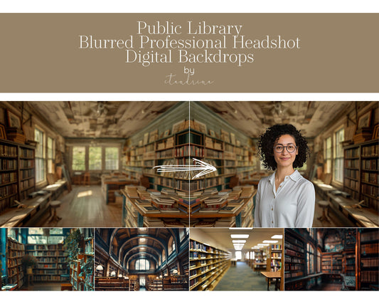 Public Library Headshot Digital Backdrops, Librarian Blurred Professional Headshot Backgrounds for Photoshop, Library Soft Focus Backdrops