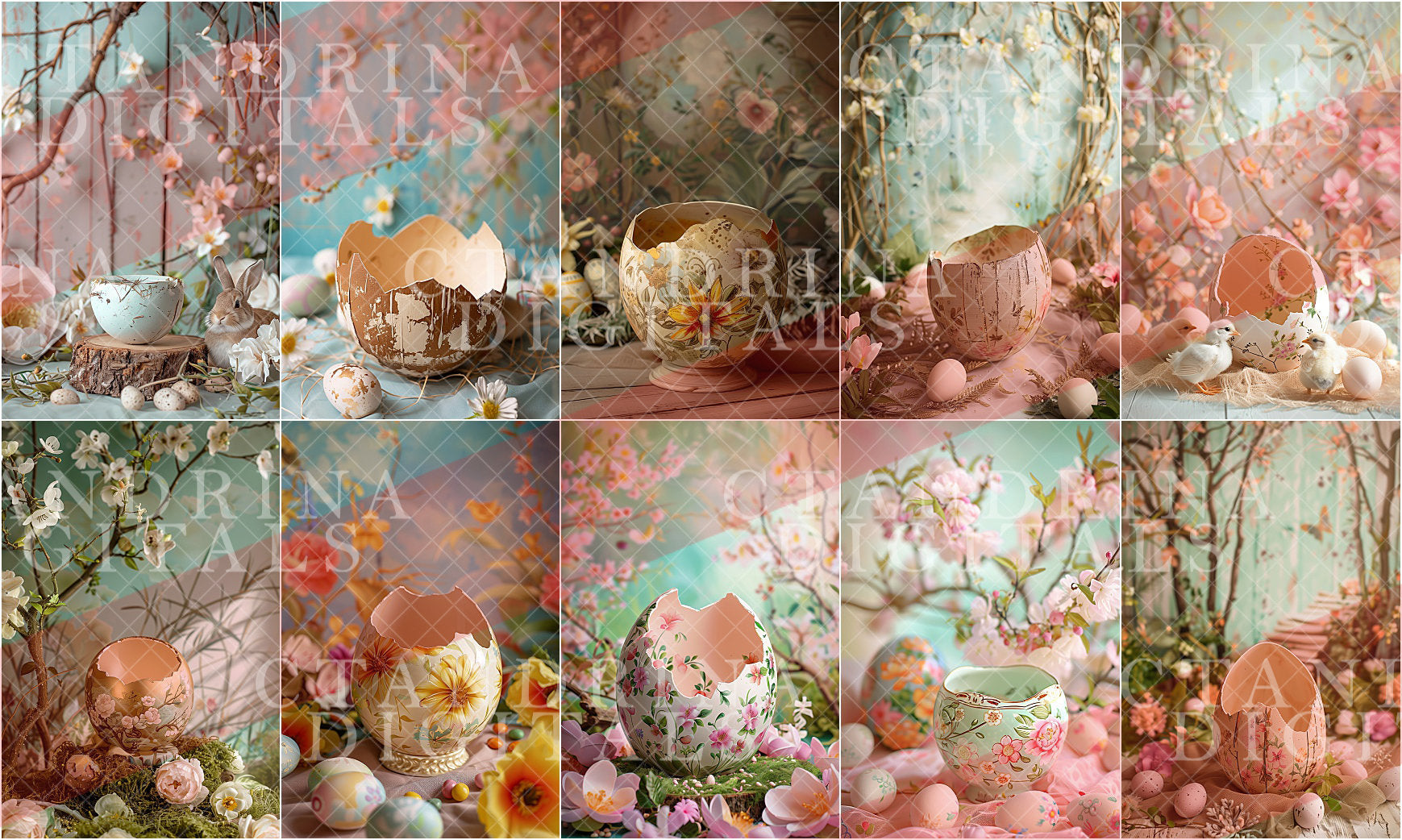 Painted Cracked Egg Digital Backdrops, Cracked Easter Egg Digital Backgrounds, Easter Egg Baby Backdrops for Photoshop, Collection 2